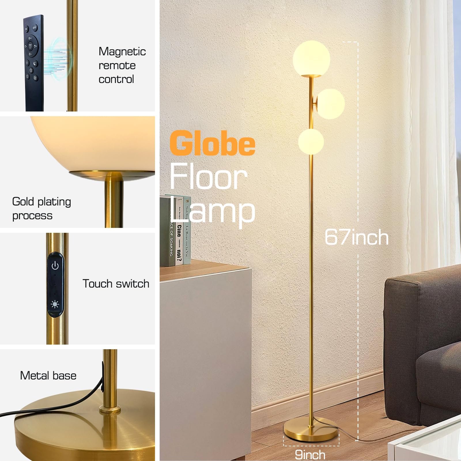ShineMuse Mid Century Floor Lamp, Dimmable LED, Touch Control, 3 Globe, Gold-3, Model FL004