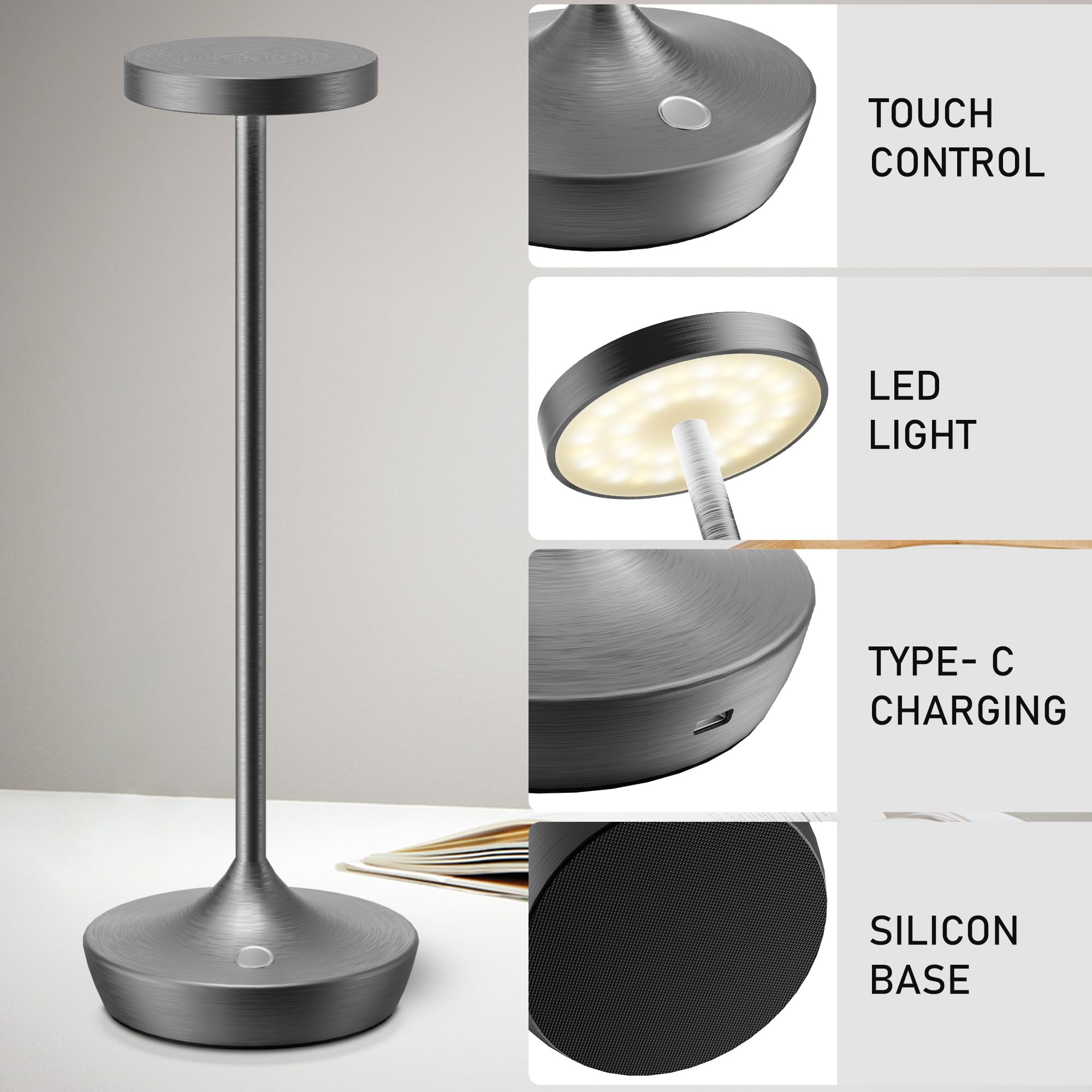 Willdoak Cordless Outdoor Table Lamps - Rechargeable Led Touch Dimmable Waterproof (2 Grey)