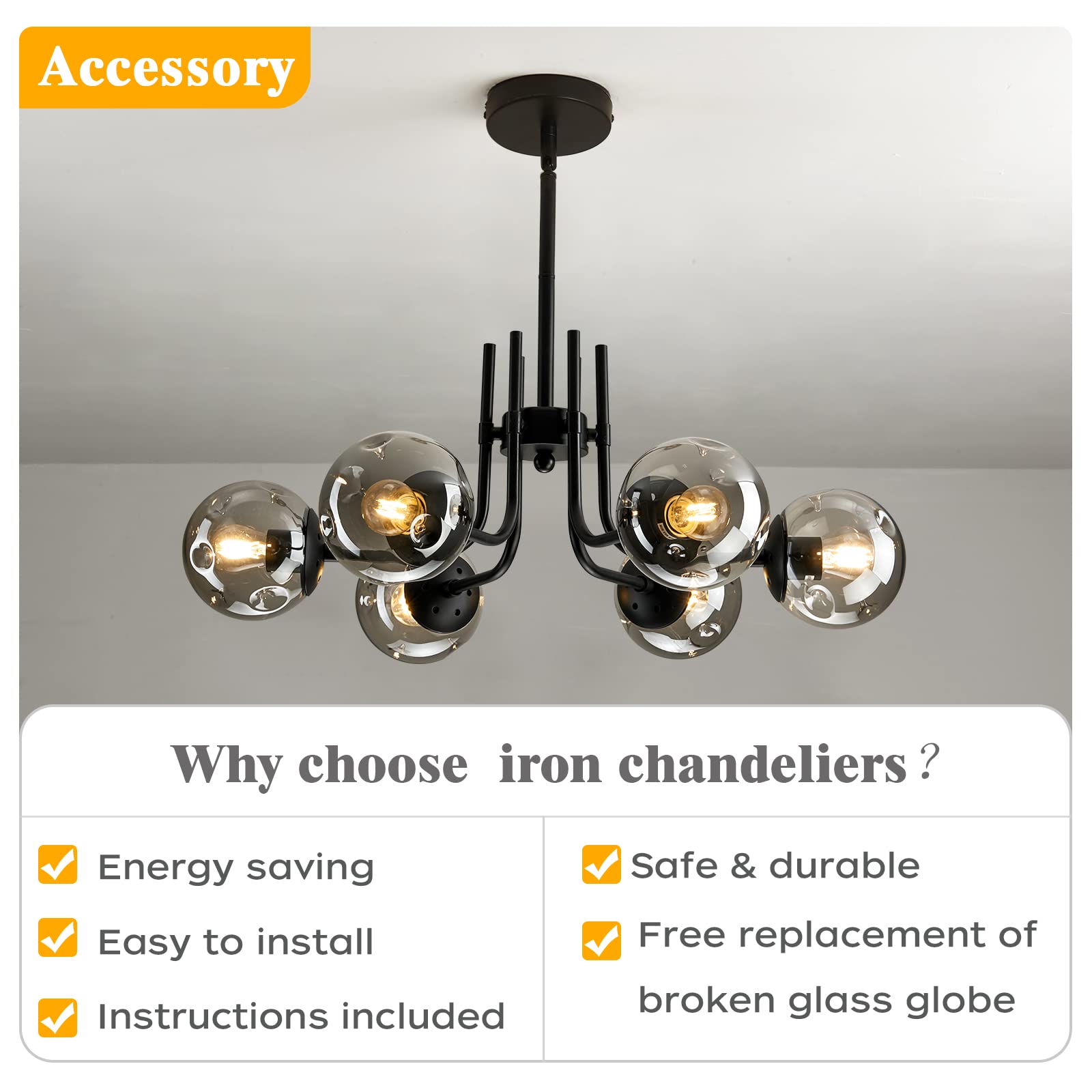 Hesoge 6-Light Glass Globe Sputnik Chandelier, Modern Metal Ceiling Light Fixture, Black, Semi Flush Mount, Ideal for Living Room, Dining Room, Kitchen.
