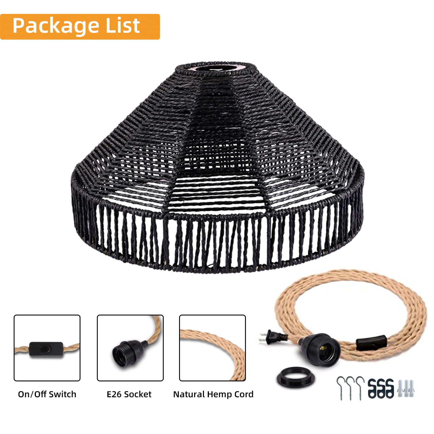 Plug In Pendant Light Rattan Hanging Lamp With On/Off Switch 15 Ft Hemp Rope Modern Woven Pendant Light Fixtures 12" Handwoven Rattan Basket Shade Boho