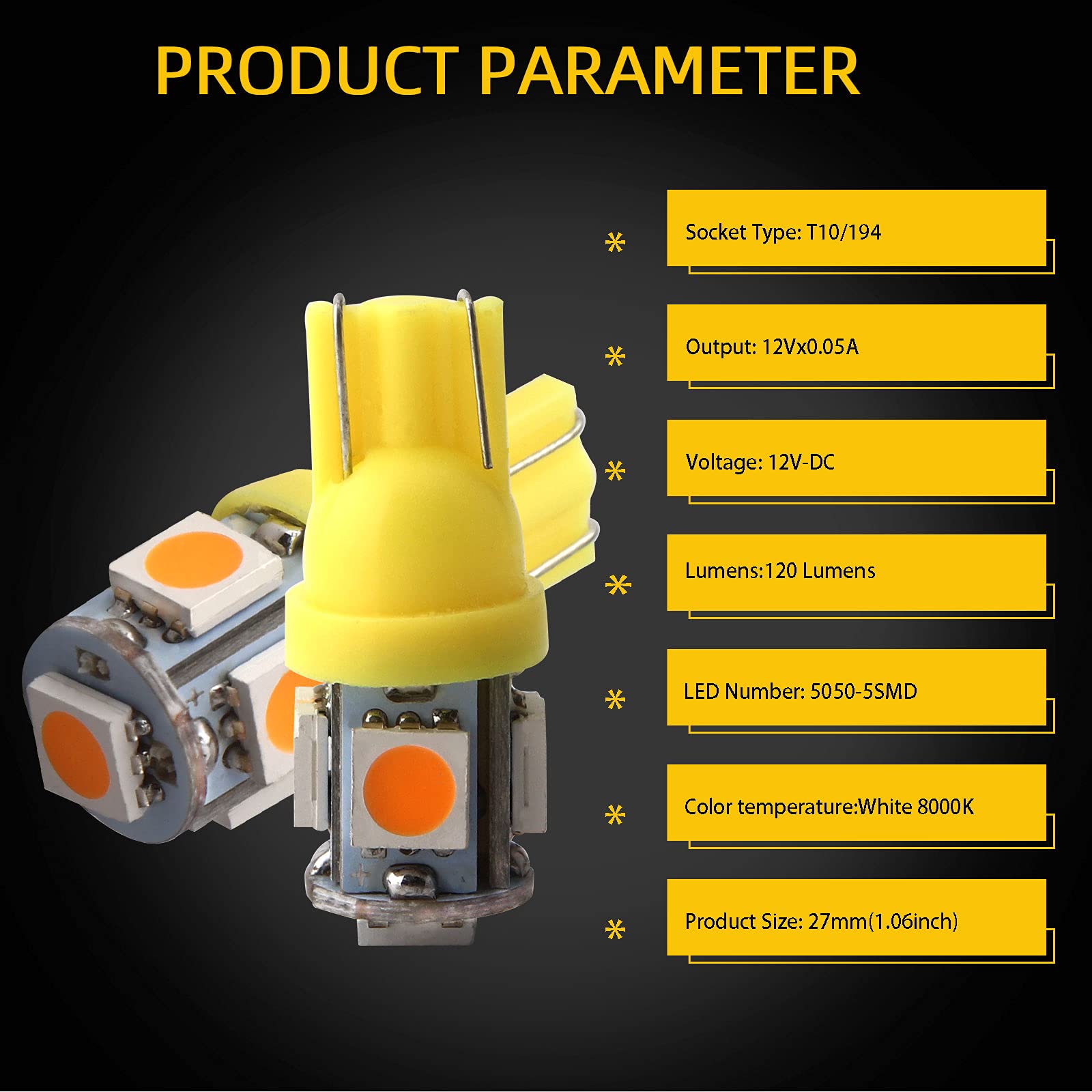 YM E-Bright Amber T10 194 LED Bulbs 5050 5 SMD for Car Dome Map Door Lights DC-12V Pack of 20