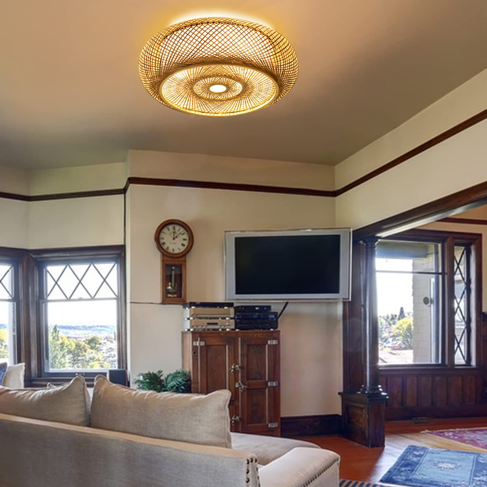 Rattan Chandelie Flush Mount Ceiling Light Bamboo Woven Light Fixture,Mesh Wicker Pendant Light Rattan Basket Boho Led Light Han