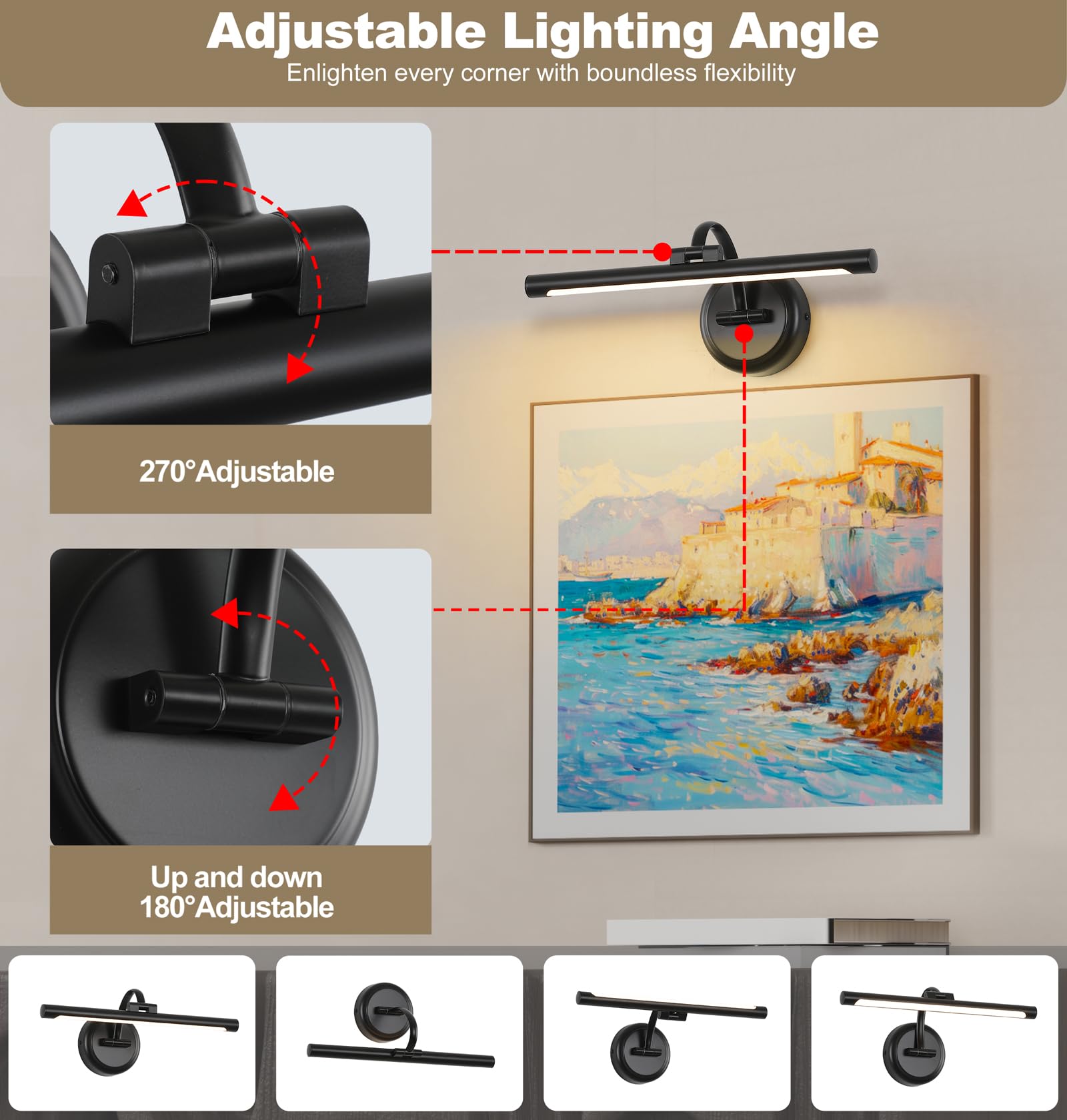 Black Picture Lights For discomfort-reducingtings Hardwired Led Wall Art Lighting 15.75 Dimmable Full Metal Gallery Light Modern Portrait Artwork Picture Frame Light With Single Swing Arm  9W  2700K  Warm White