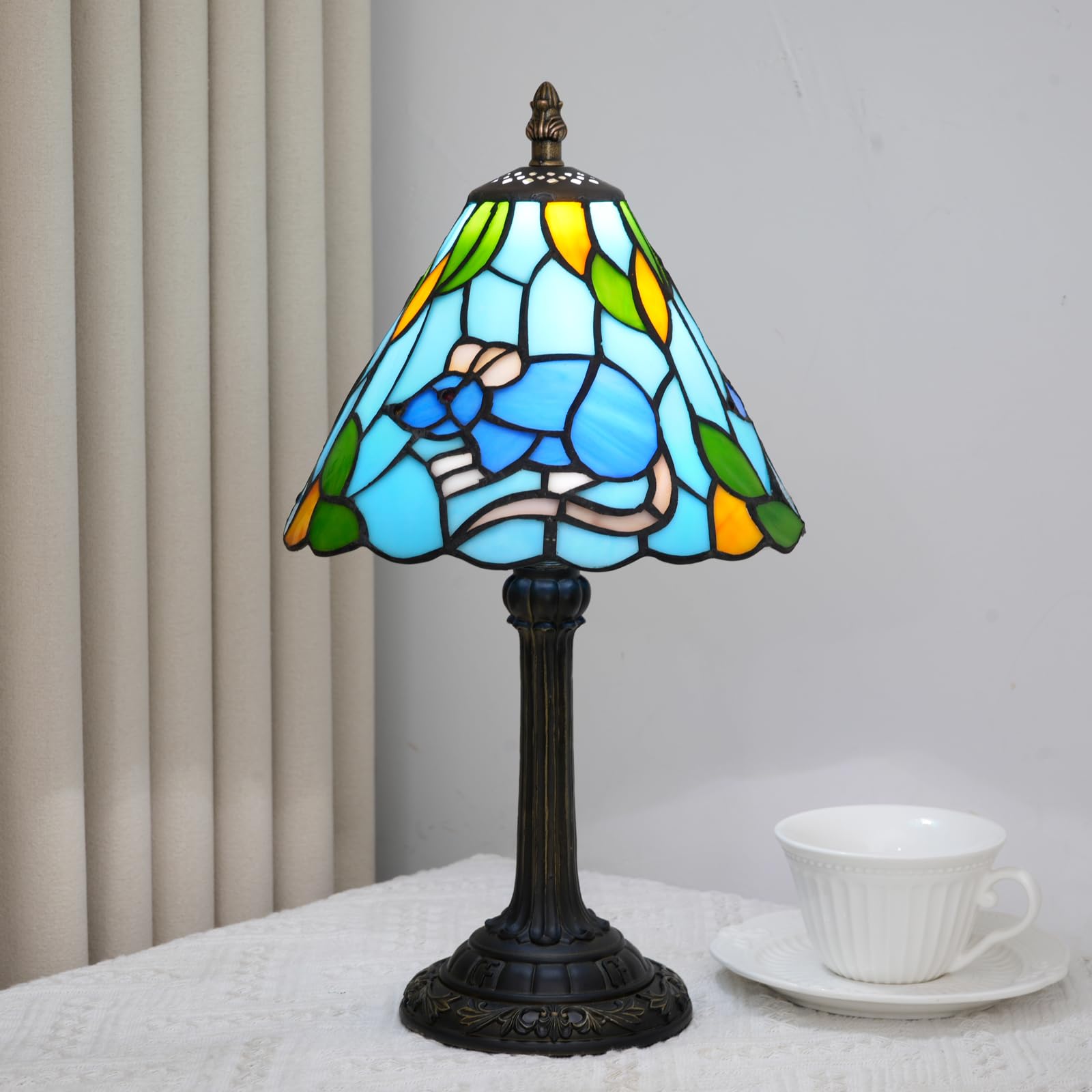 Cute and Unique Blue Mouse Pattern Tiffany Style Stained Glass Small Table lamp with Green and Yellow Decoration Bedroom Bedside