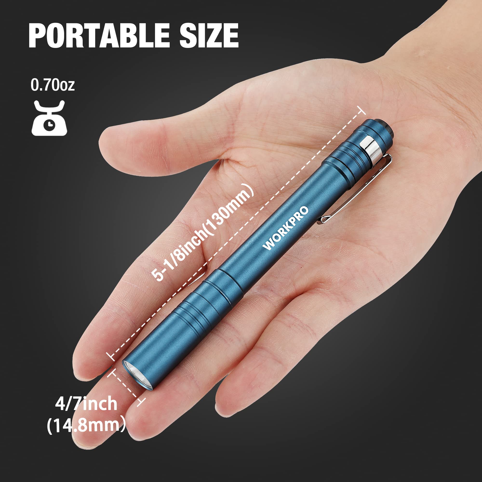 WORKPRO LED Pen Light - Aluminum Pocket Flashlight with Clip, Blue, Model W139011, 4-Pack, 2AAA Batteries Included