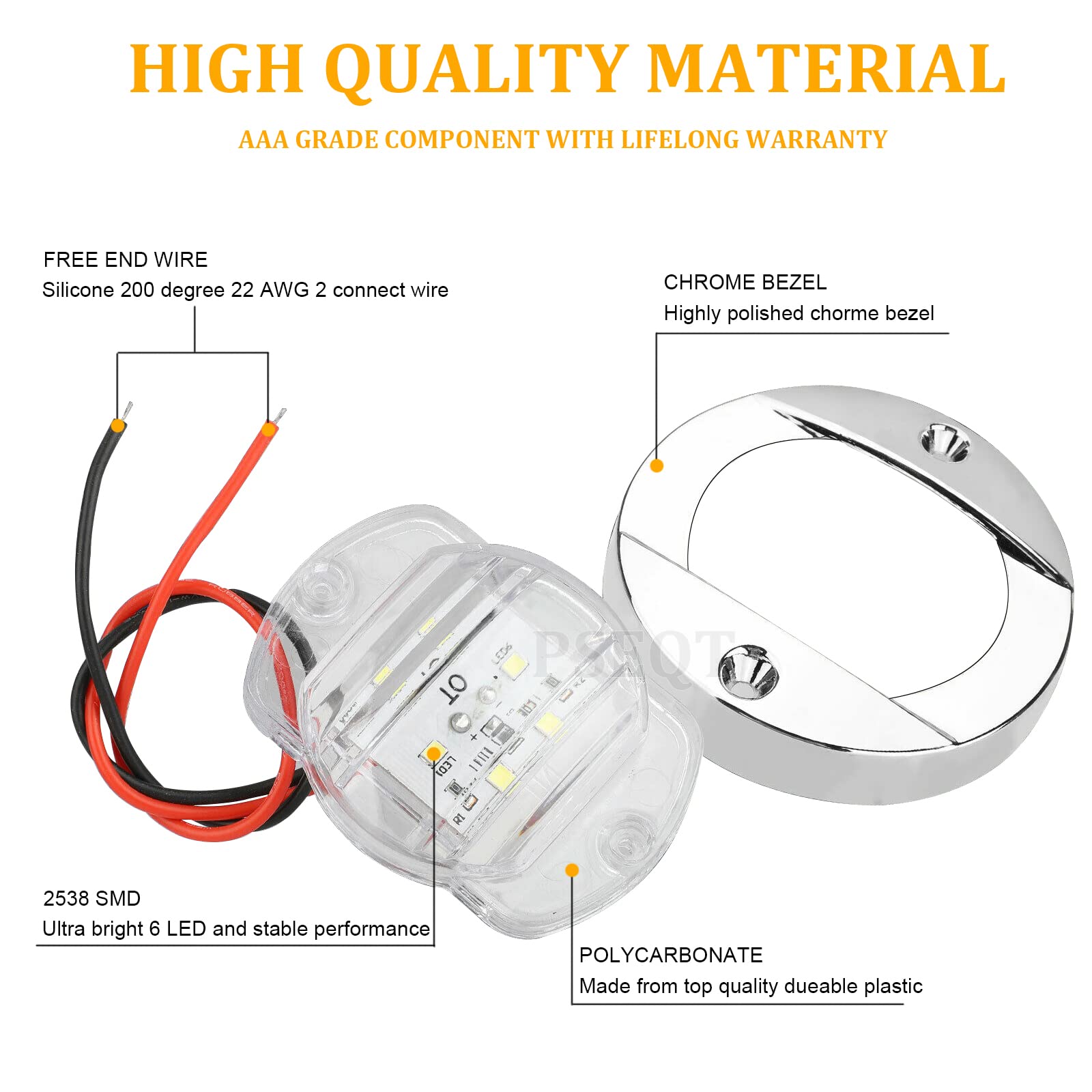 PSEQT 4Pcs Marine Boat Interior Lights, 12V LED Round 3in  White Surface Mount, Model PSEQTSE03W4P