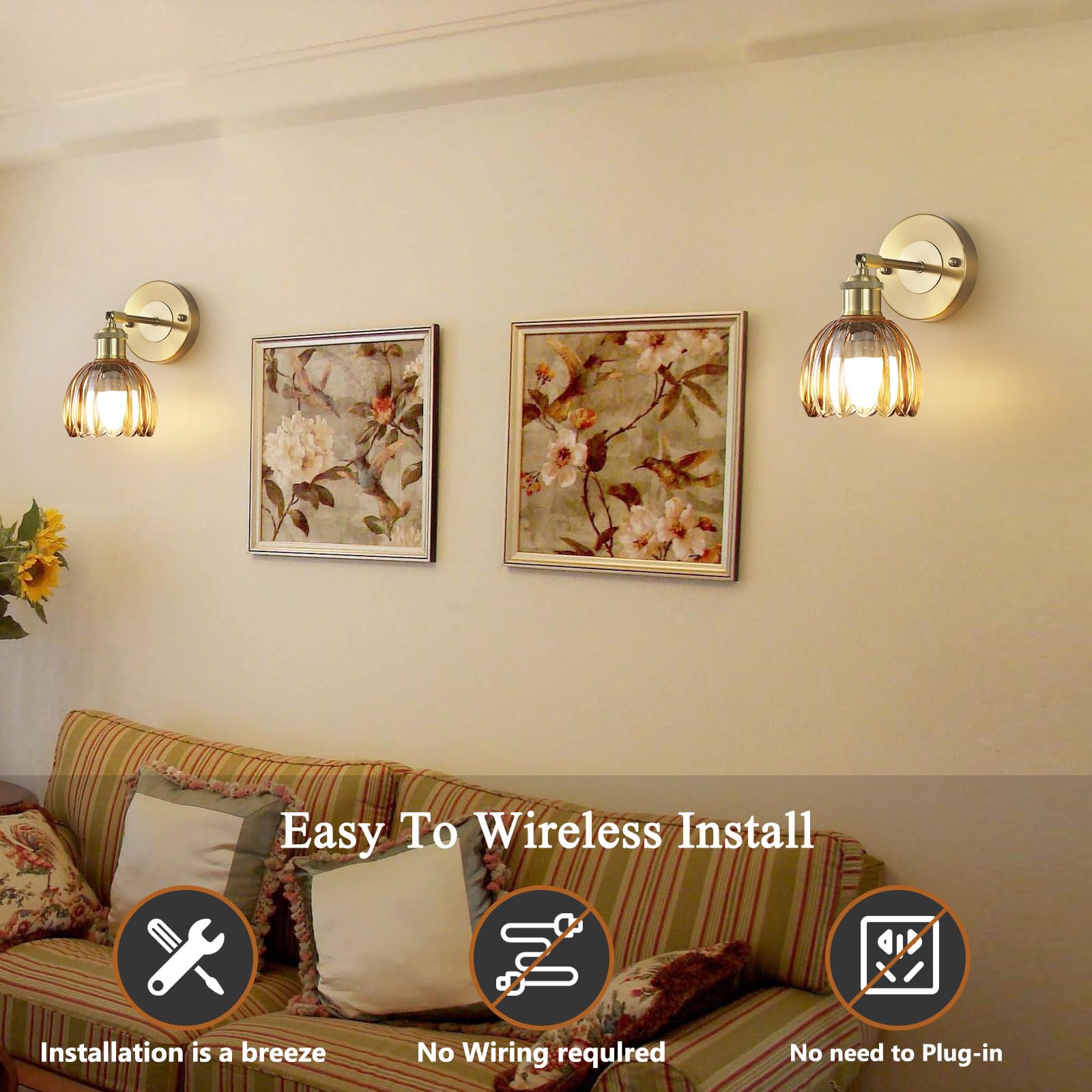 Vintage Battery Operated Wireless Wall Sconces, Rechargeable Gold Wall Lights, Amber Tulip Glass Lampshade With Remote Dimmable