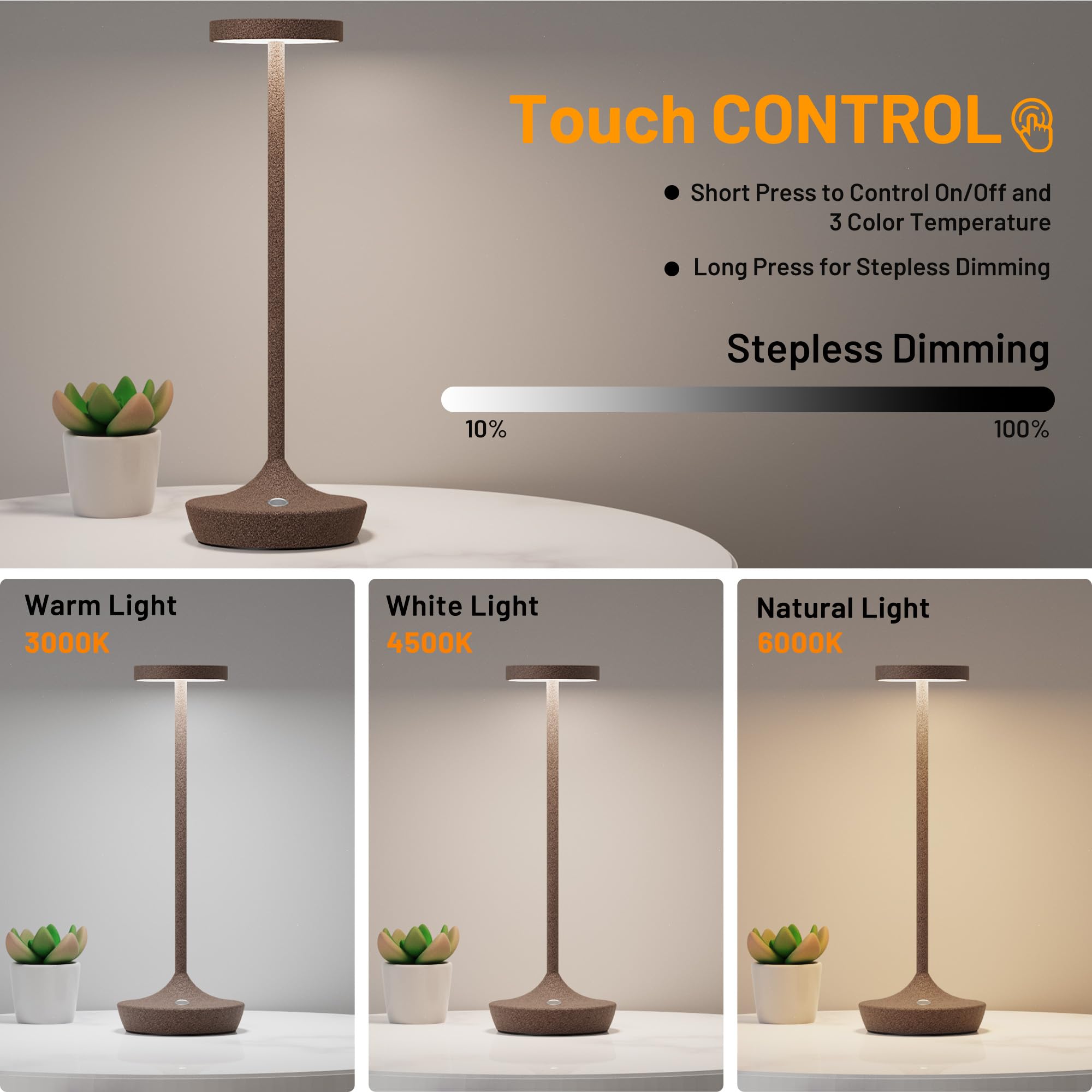 YHT Cordless LED Desk Lamp, 6000mAh Battery, Waterproof, 3-Color Touch, Portable, Rust 2P, Model X86