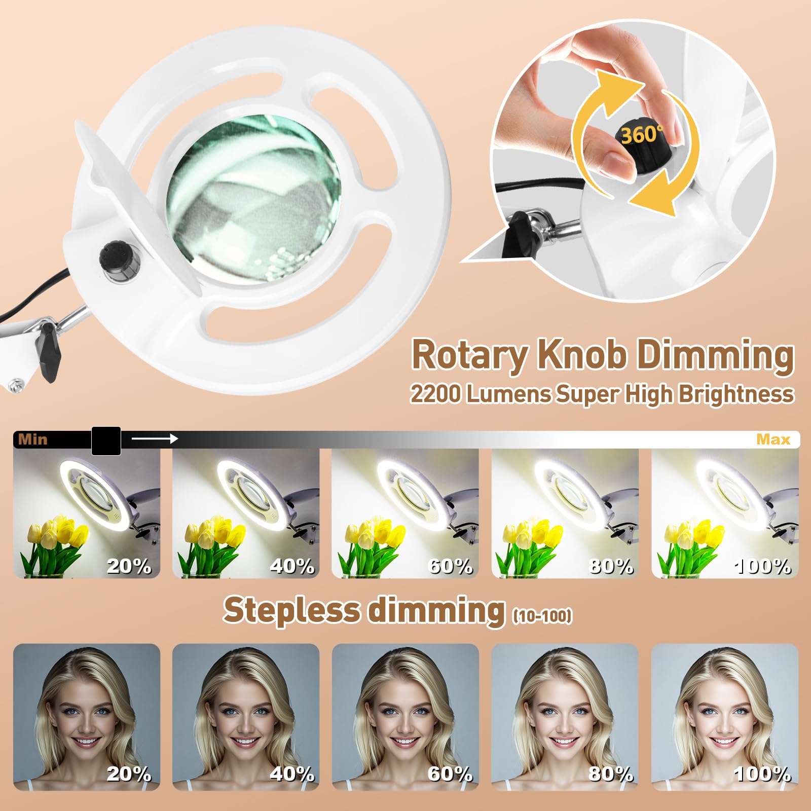 HITTI 10X Magnifier LED Lighted Mag Lamp, 2200 Lumens, Dimmable, Rolling Base, White, Model TLD-5 for Lash, Facials, Tattoo
