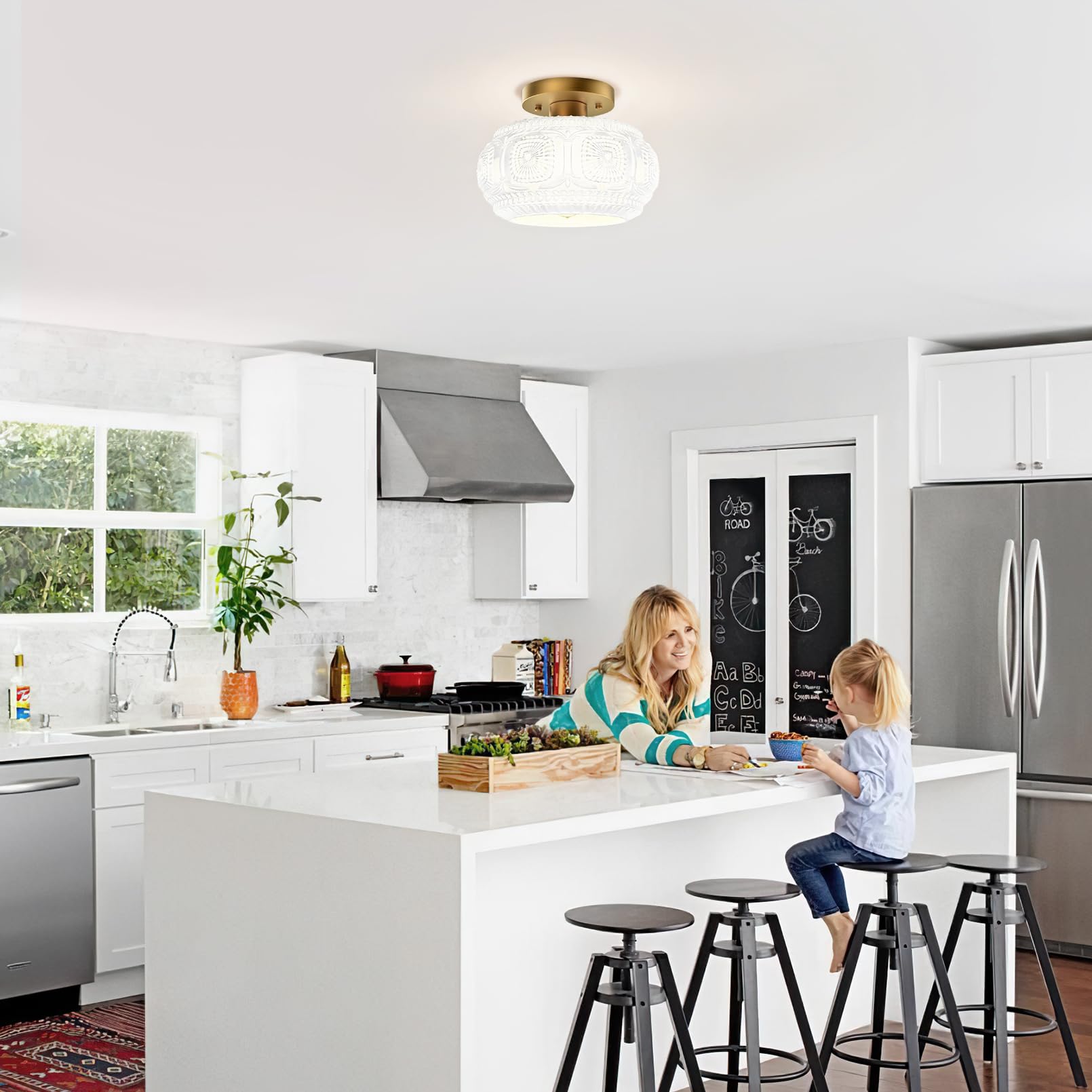 Oykyohei Semi Flush Mount Ceiling Light, Milk Glass Shade Modern Ceiling Light Fixture, Vintage Gold Lighting For Hallway Bedroo