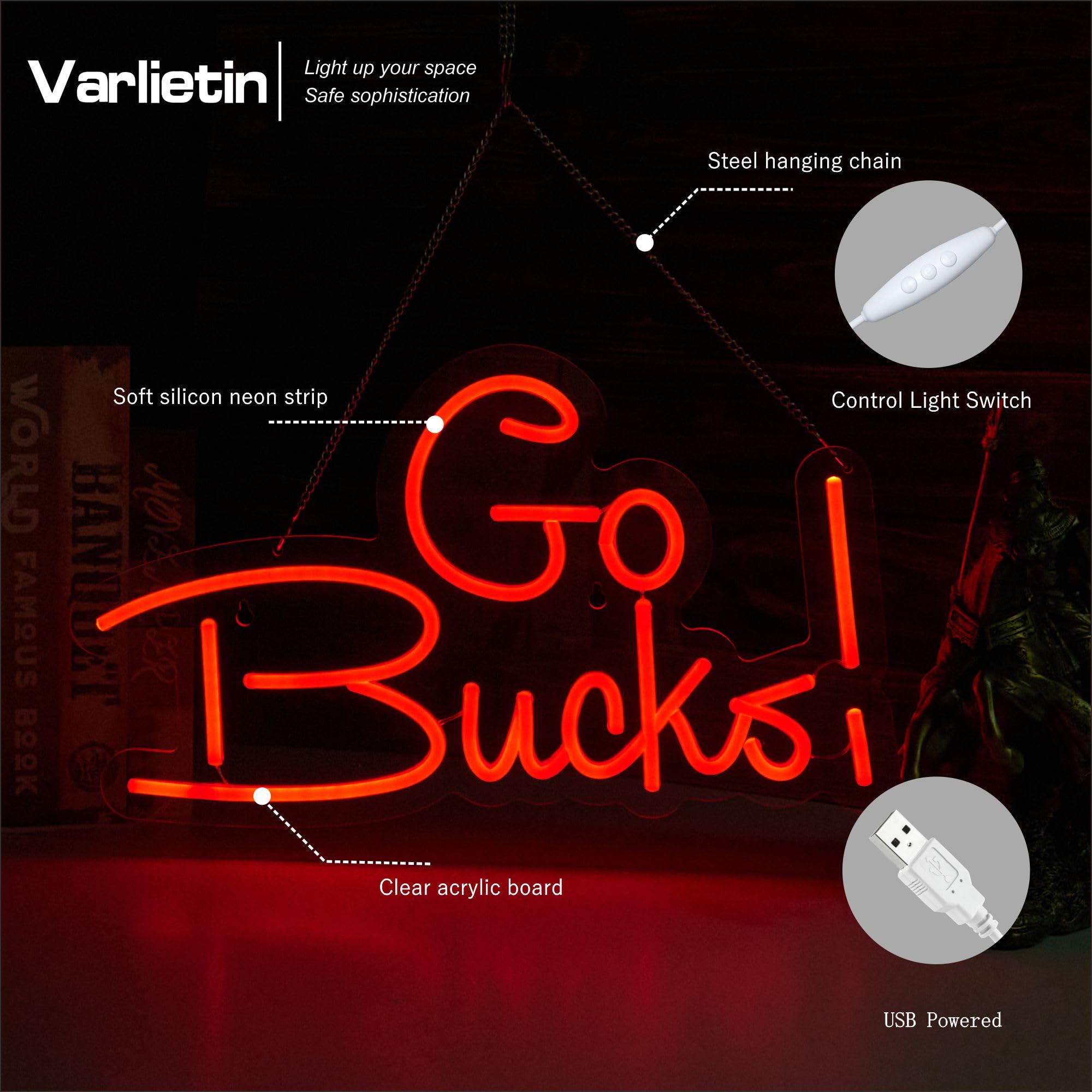 VarLietin Go Bucks Neon Sign LED Wall Decor 9.8x16.5 inches Acrylic Red GoBucks
