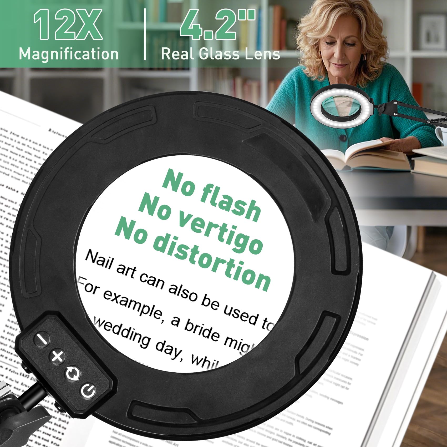 Kmdes 12X Magnifying Glass With Light, Ultra Long 3 Section Swing Arm Led Desk Lamp With Large Clamp, 5 Color And Brightness Han