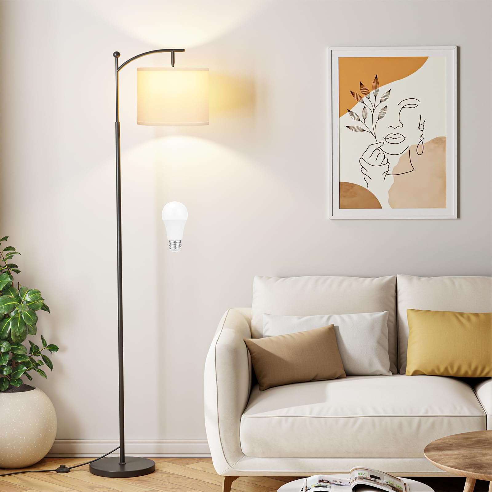 60&quot; Floor Lamps for Living Room with 3 Color Temperatures, Adjustable White Shade with Black Pole, Tall Lamps for Living Room Bedroom Office Classroom Dorm Room, 9W Bulb Included