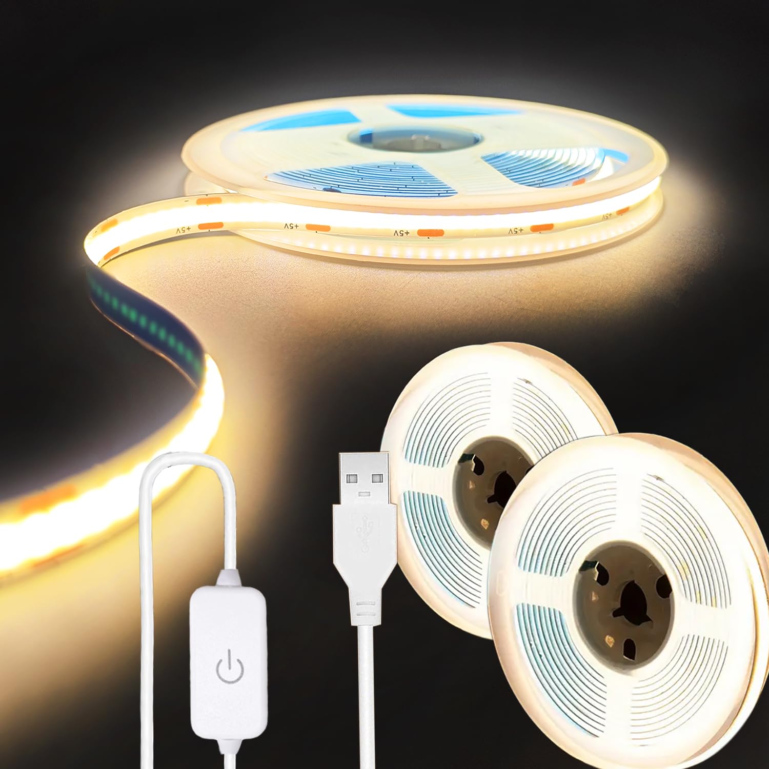 ZSLAIFU A 5V USB LED Light Band  COB LED Band Lights  Warm 5V LED Lights  Small LED Band Light  TV Lights for TV Under Cabinet Kitchen Living Room Shelving or Displays (Warm 3.28FT x2)