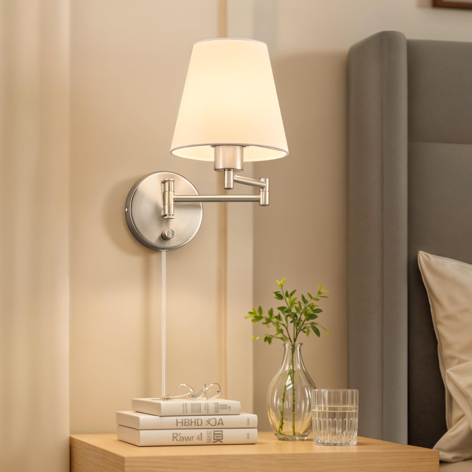 VONLUCE Wall Sconce Set of 2, Adjustable Swing Arm Lamps, Nickel Base, White Fabric Shade, Hardwired/Plug-in, Modern Design
