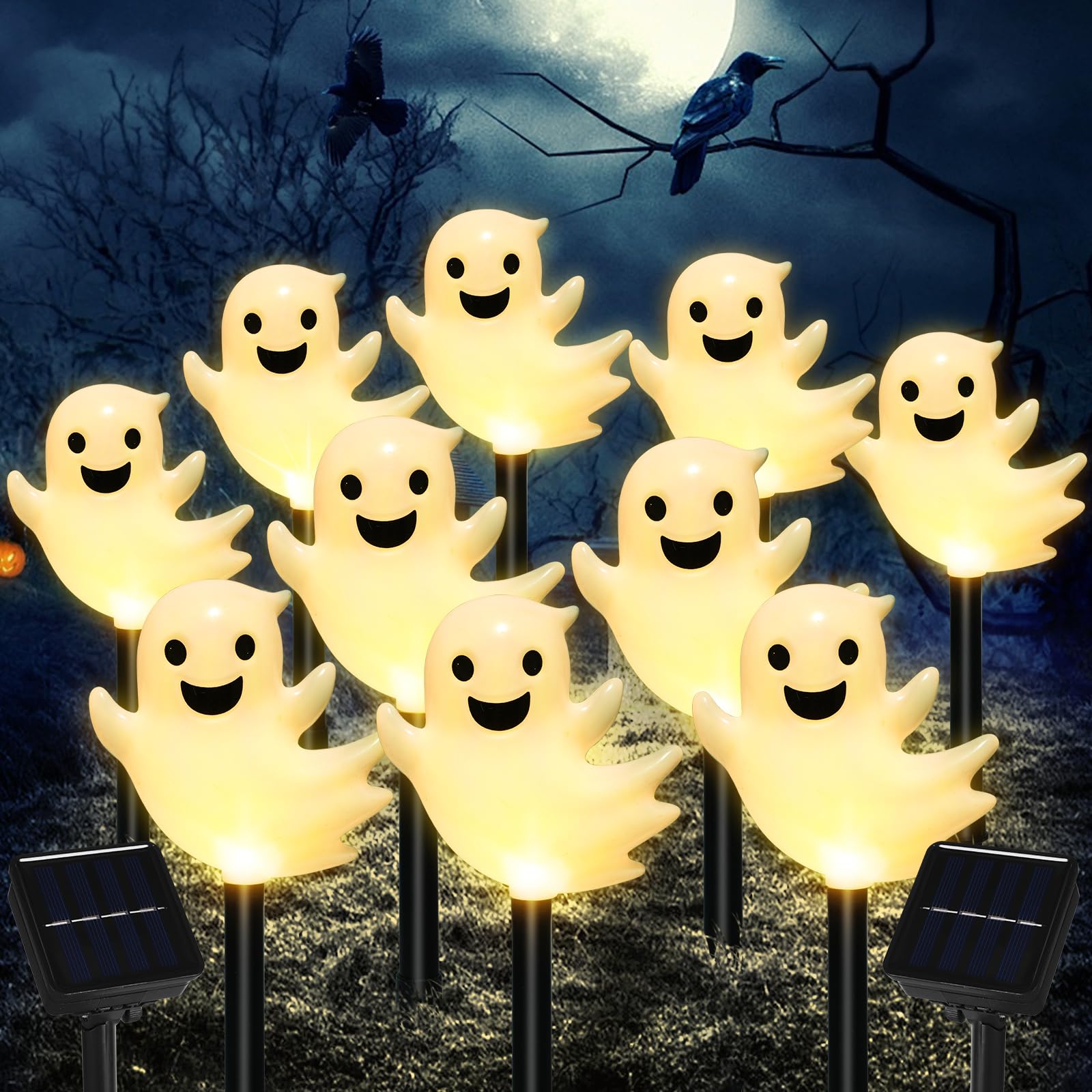 Solar Halloween Ghost Pathway Lights  10 Pack 3D Lighted Outdoor Stake Decorations  Waterproof Led Yard And Garden Lights For Halloween Pathway  Lawn  Patio  And Holiday Decor (Warm White)