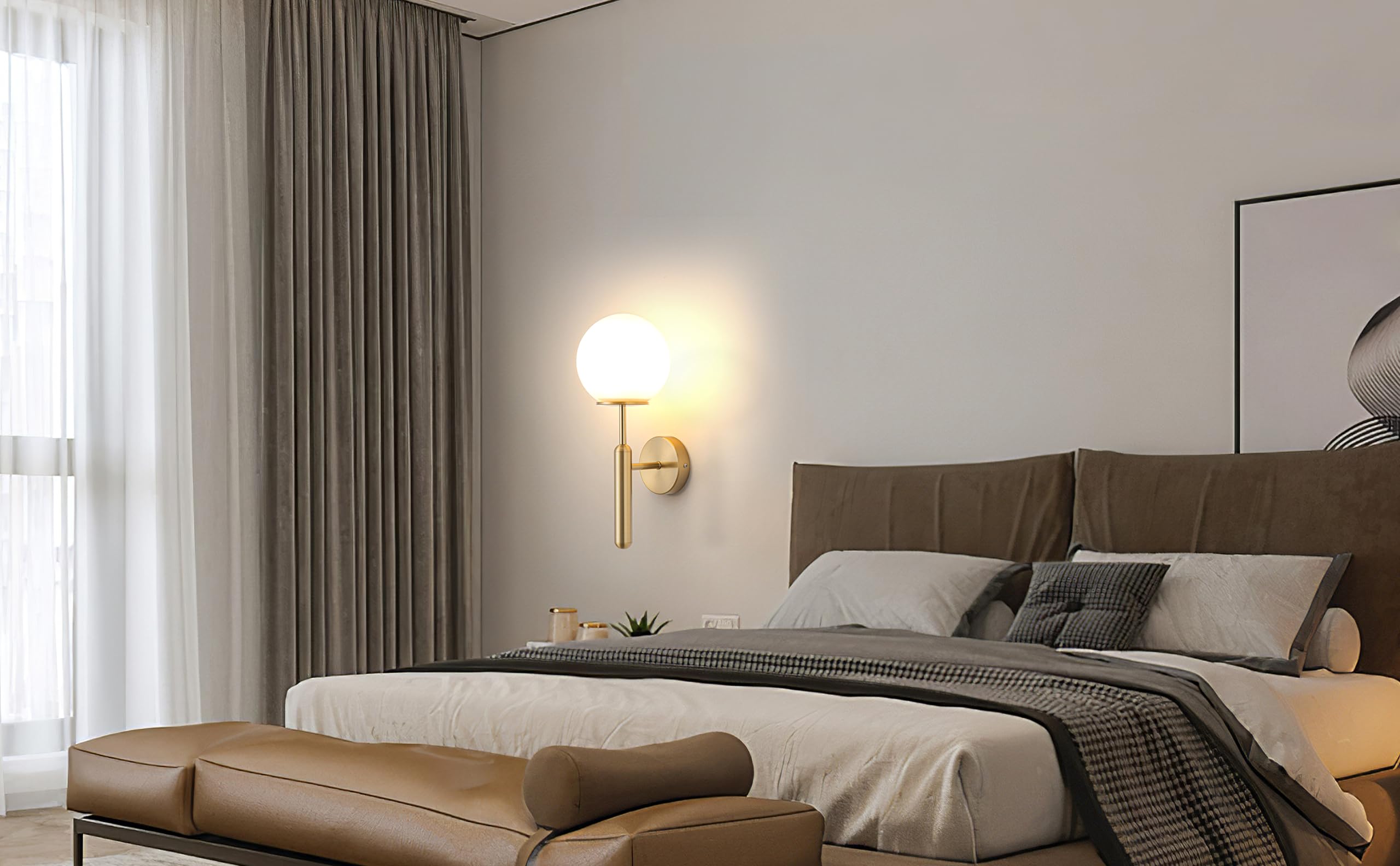 jengush Wall Sconce Set of 2, Dimmable Battery Operated, Glass, Gold, Model WALL-01, Easy to Install for Bedroom or Farmhouse