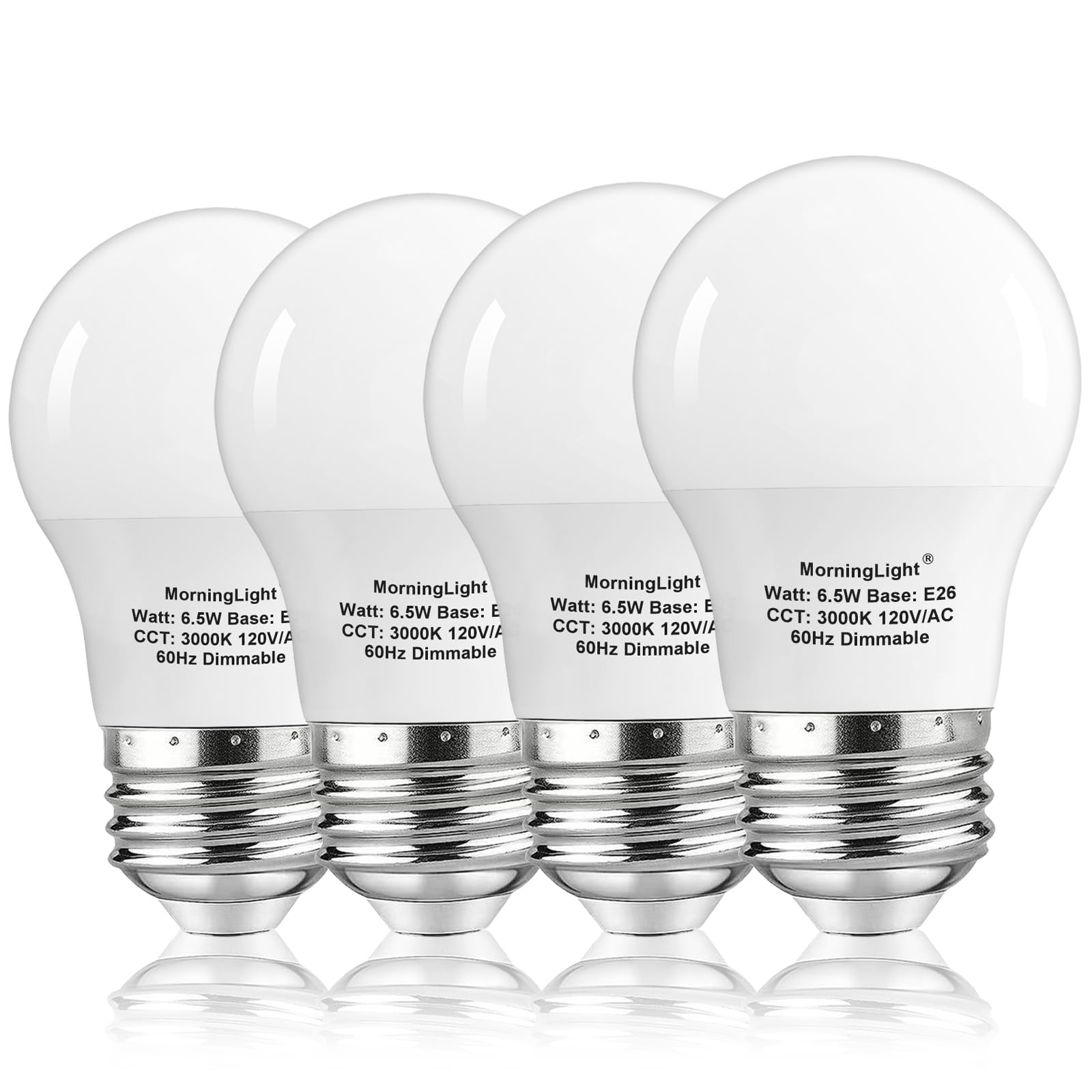 Morninglight A15 Ceiling Fan Light Bulb 60 Watt Equivalent, 6.5W Dimmable Led Light Bulbs, 3000K Soft White, E26 Base, 4 Pack A1