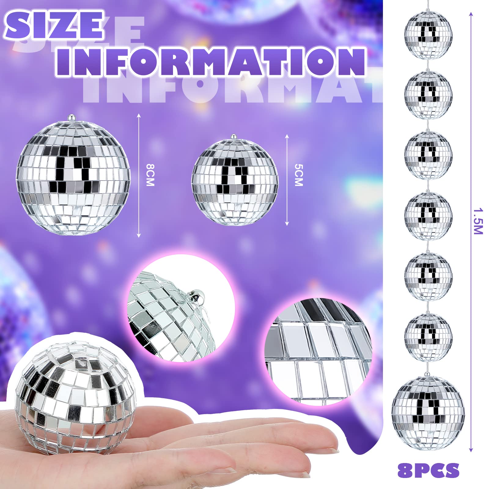 Sumind Mini Disco Ball Ornaments, 8 Packs, Silver, 2 Inch & 3 Inch, Reflective Mirror for Party Decorations, Model HB-Sumind-BI40J