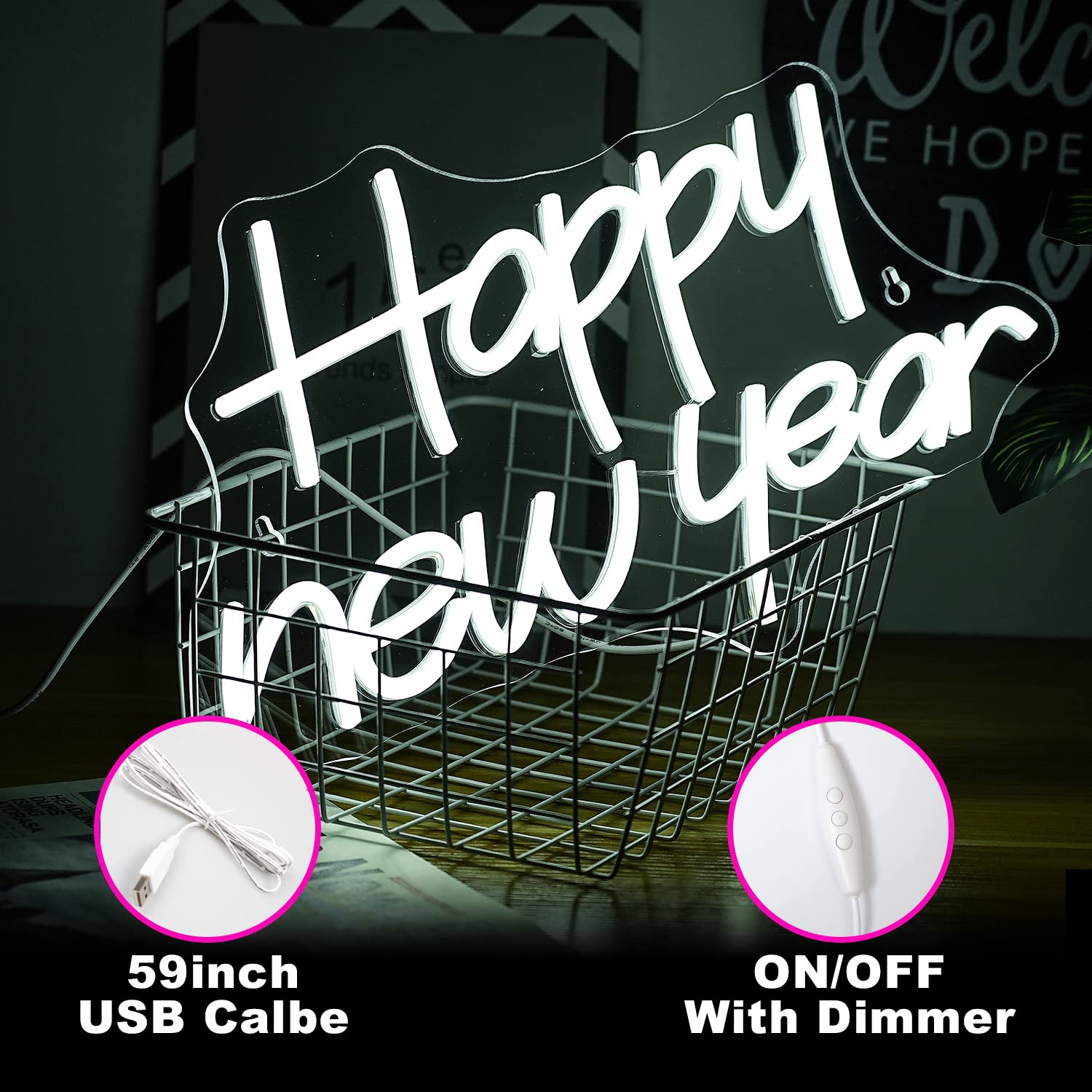Alkkign Neon Sign Happy New Year LED Light Wall Decor Dimmable White