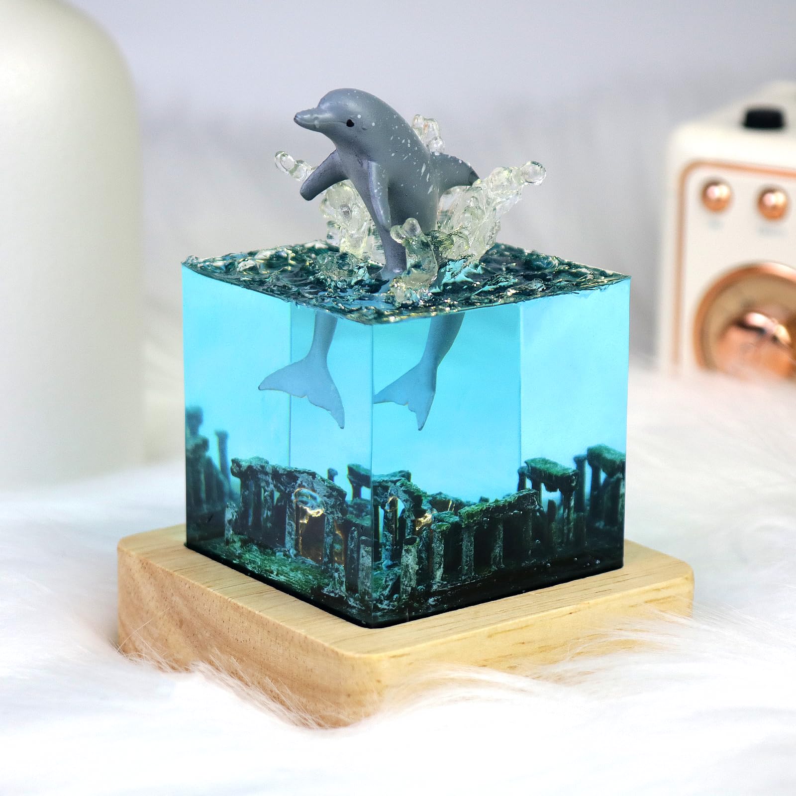 eletriace Handcrafted Dolphin Night Light Epoxy Resin Deep Sea Night Lamp Bedside Table Lamp with USB Stand Unique Home Decor Ac