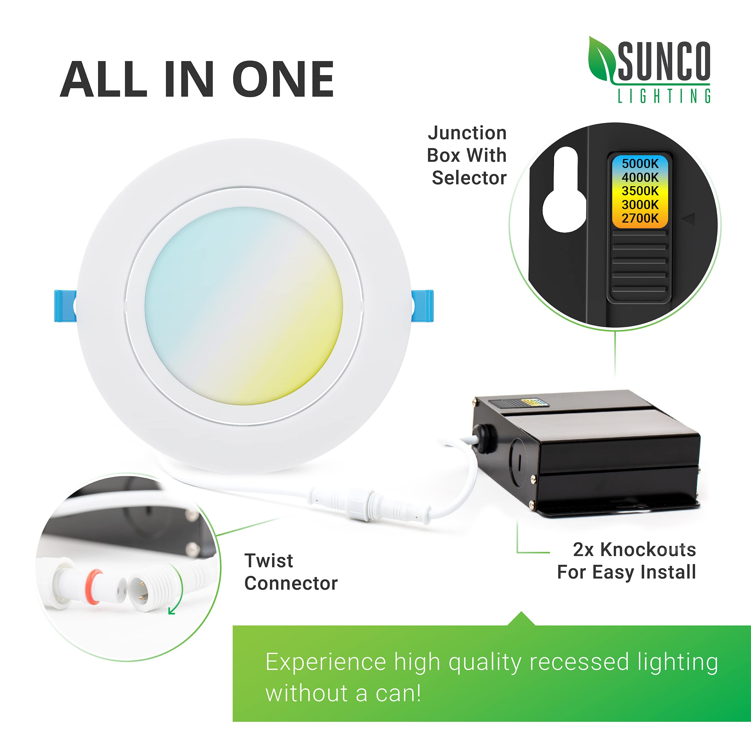 Sunco Lighting 6 Pack Recessed Led Lights Canless 6 Inch Eyeball Gimbal 12W, Selectable 2700K/3000K/3500K/4000K/5000K, Angled Di