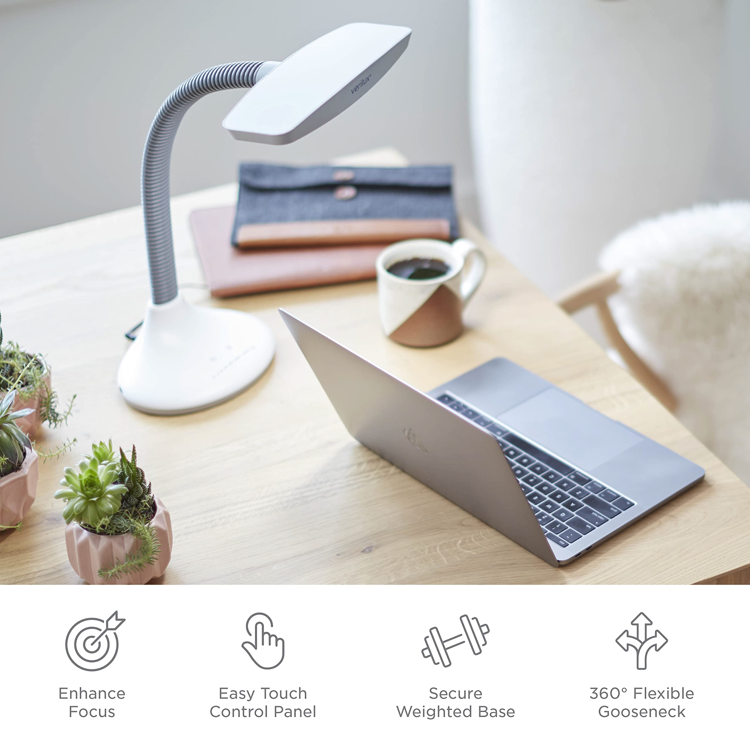 Verilux Smartlight Led Desk Lamp - Adjustable Brightness, Usb Port, Reduces Eye Strain - White