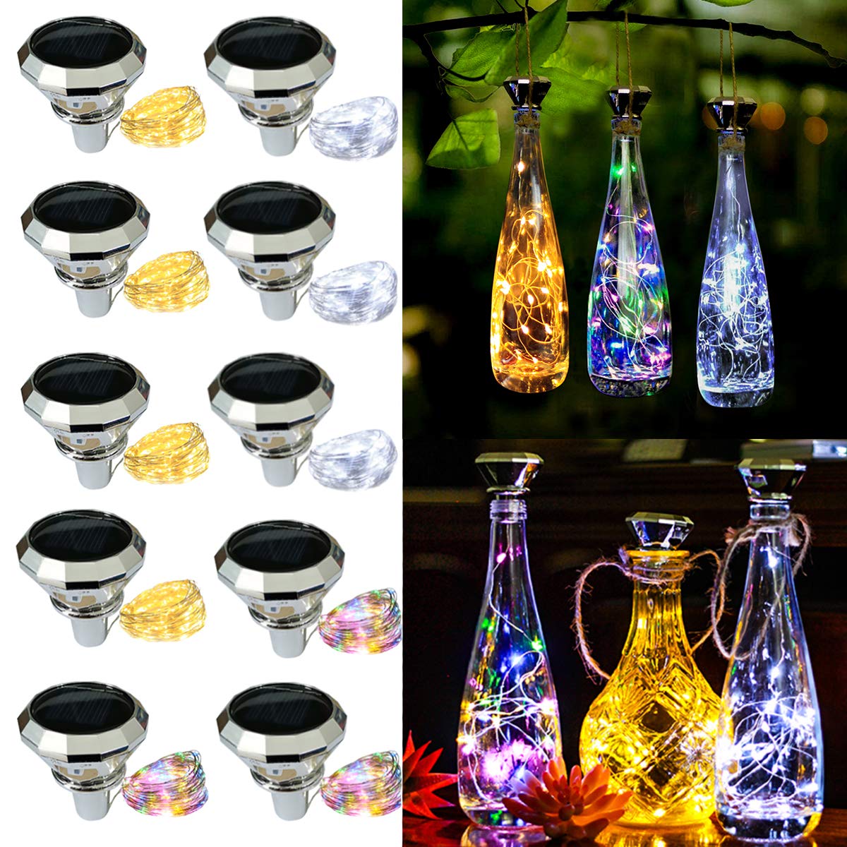 Starry Love Solar Diamond Wine Bottle Lights 10 Pack 20LED Outdoor Waterproof Multicolor Fairy Light String (3 Colors), Suitable for Most Wine Bottle Mouths, for Garden, Terrace, Party Decoration