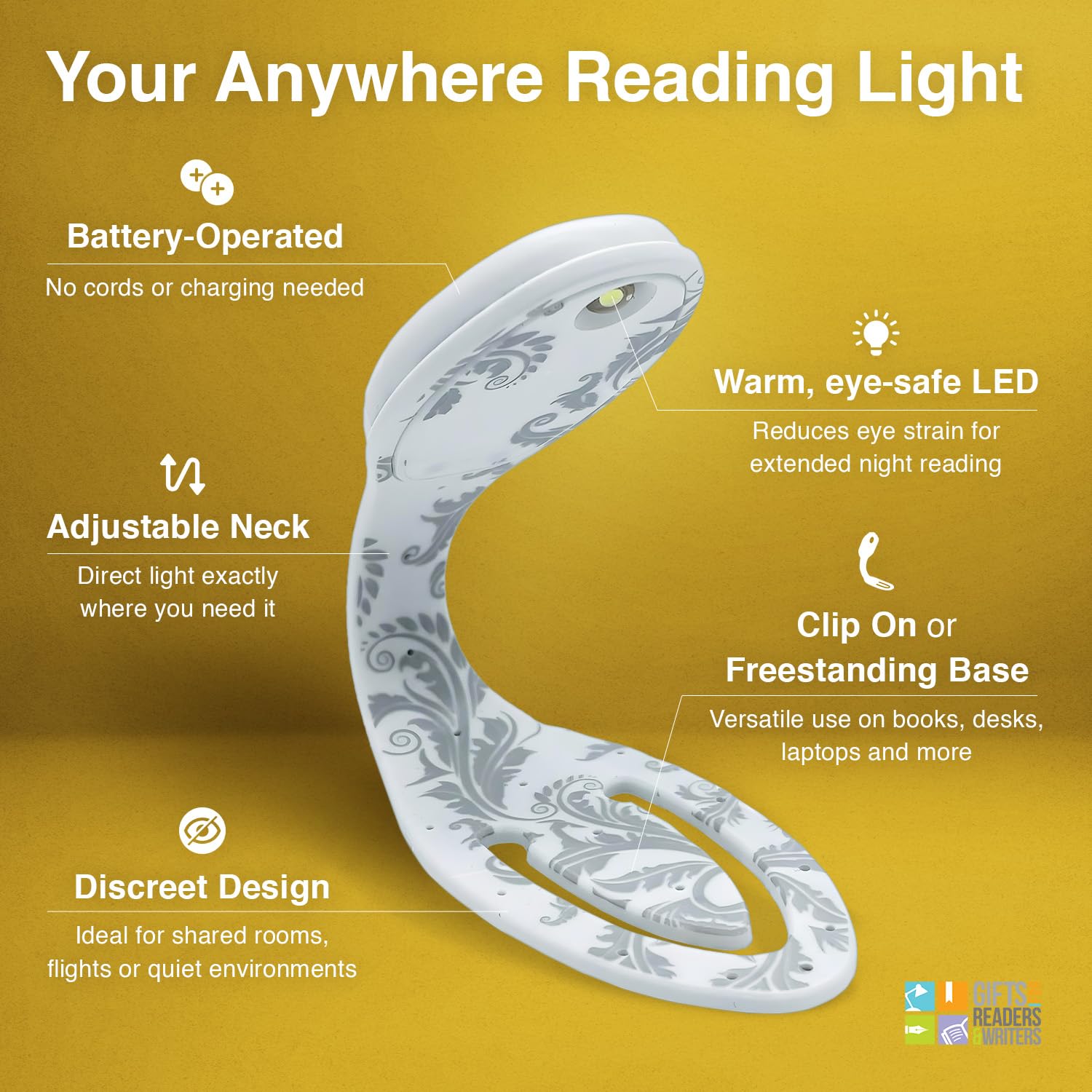 Gifts for Readers & Writers LED Clip On Reading Light | Battery Operated Bookmark Lamp | Model 2 | White Flowers