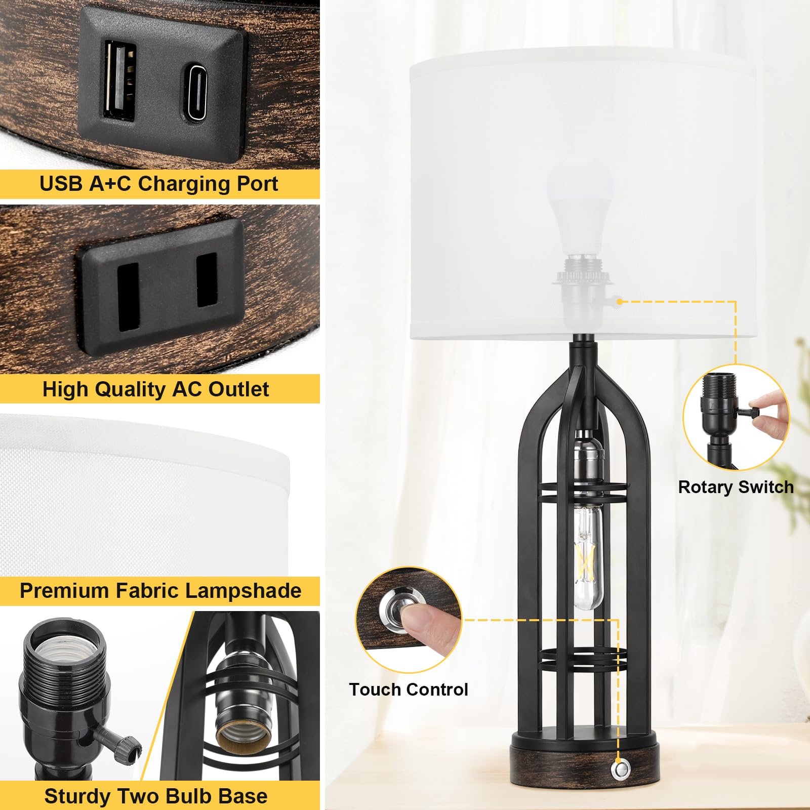 Seealle Table Lamp Set of 2 - 3-Way Dimmable Touch Lamps with USB C+A & Outlet, White Shade & Black Body, Model 09162