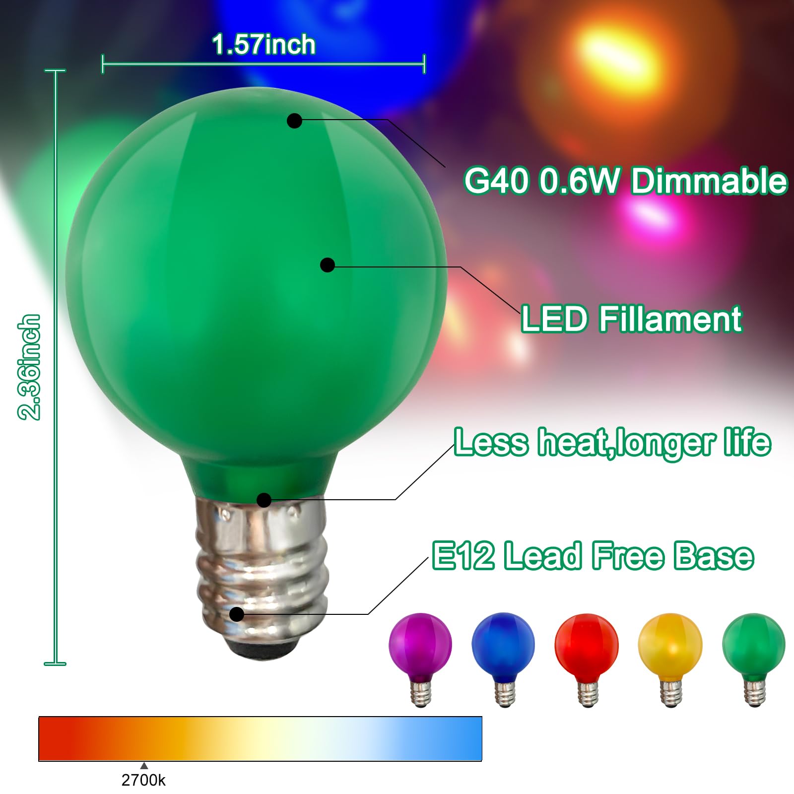 Pallerina G40 Frosted LED Bulbs - 25 Pack, Shatterproof & Waterproof, Multicolor, E12 for Outdoor Christmas Tree Decoration