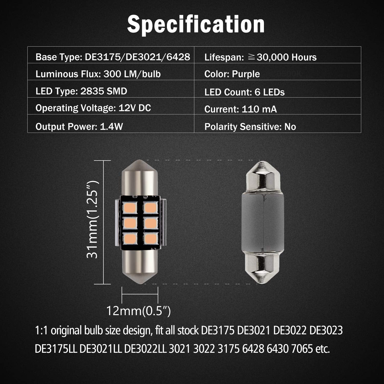 Brishine De3175 Led Bulbs, Super Bright Purple 2835 Chipsets Canbus Error Free 31Mm 1.25    Festoon De3021 De3022 3175 6428 Led