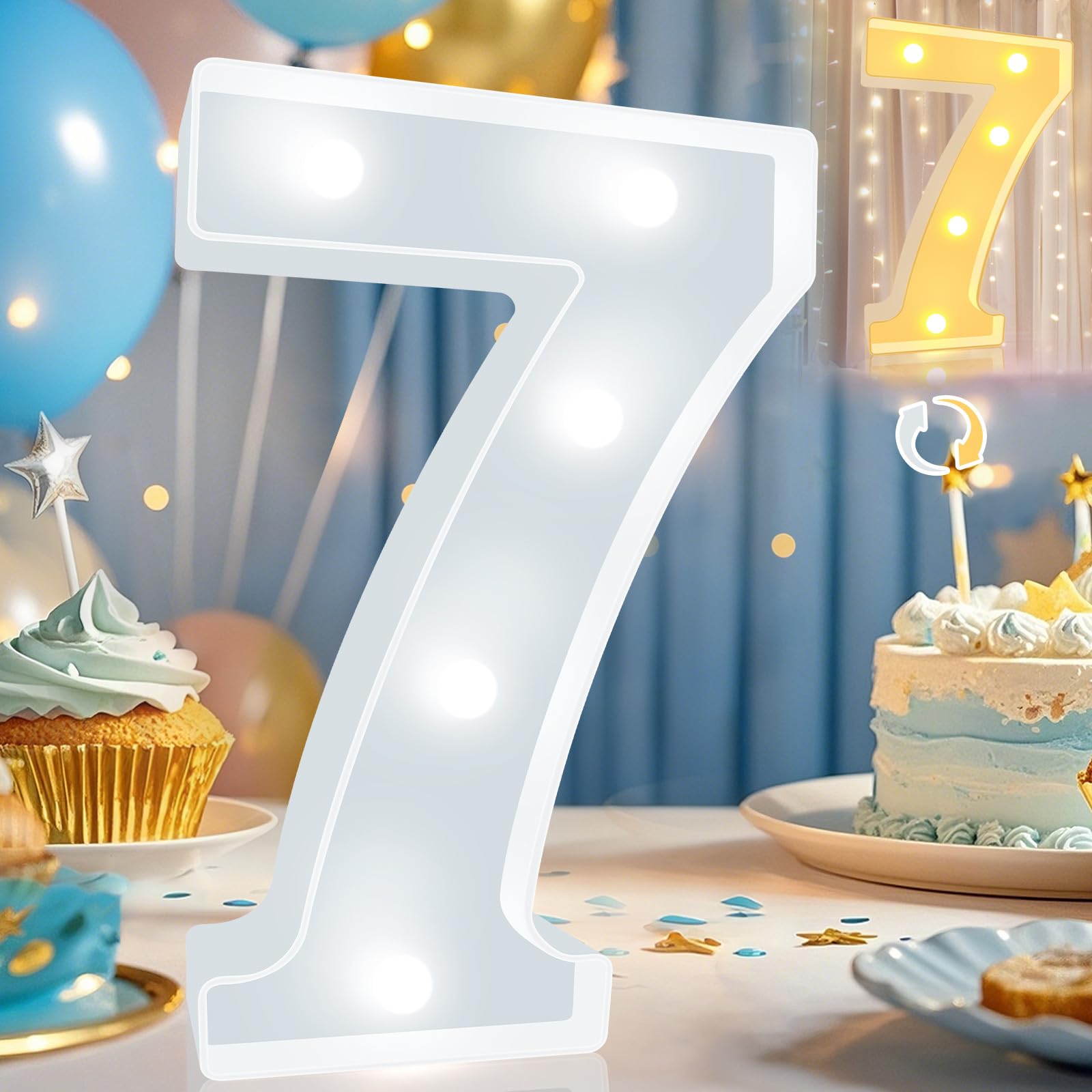Pooqla LED Light Up Number 7, Cool White & Warm White, Plastic Marquee Decoration for Parties, Weddings, and Room Decor