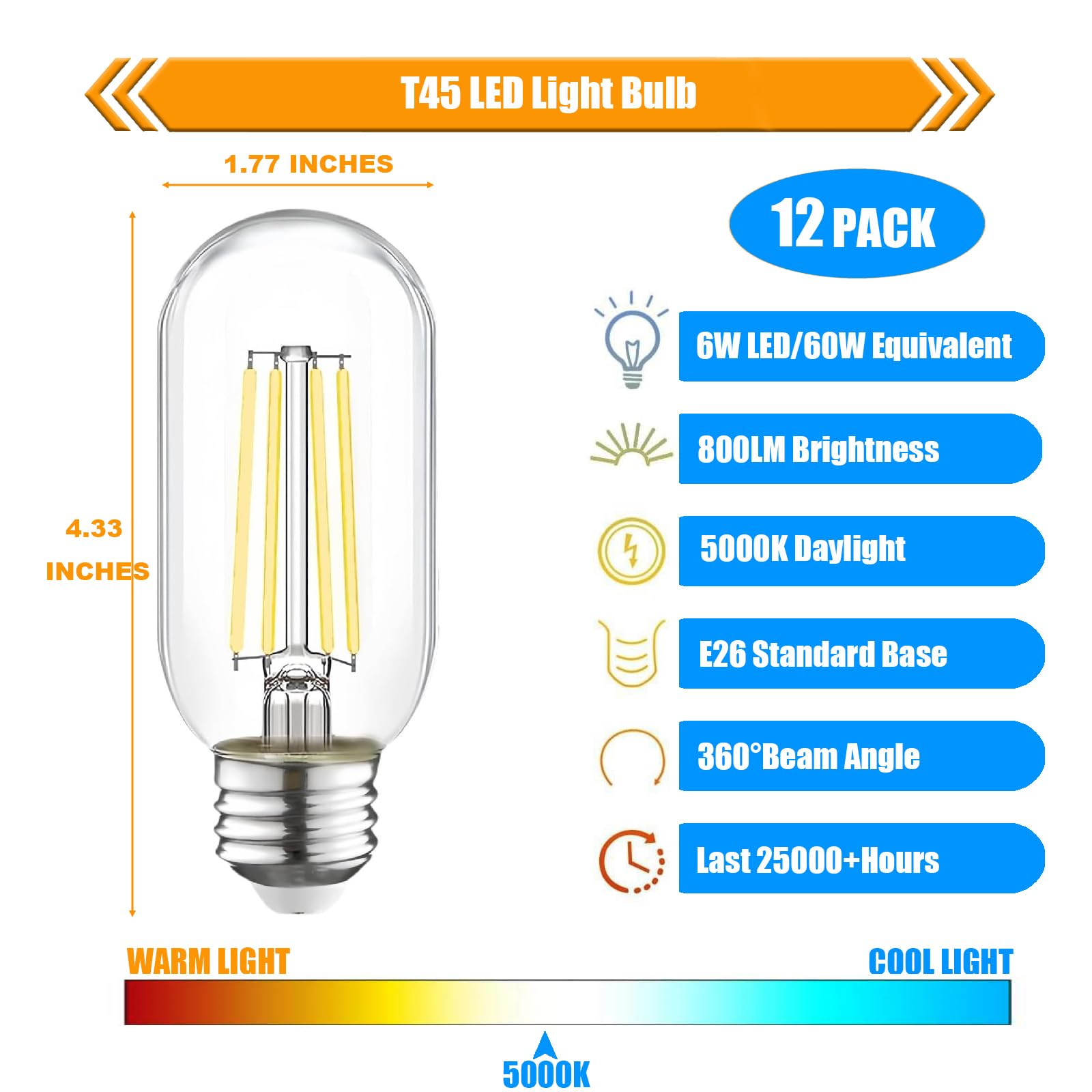 winsaLED Dimmable LED Bulb 60W Equivalent, Vintage E26 Base, 5000K Daylight, 6W, 800LM, 12 Pack, Glass
