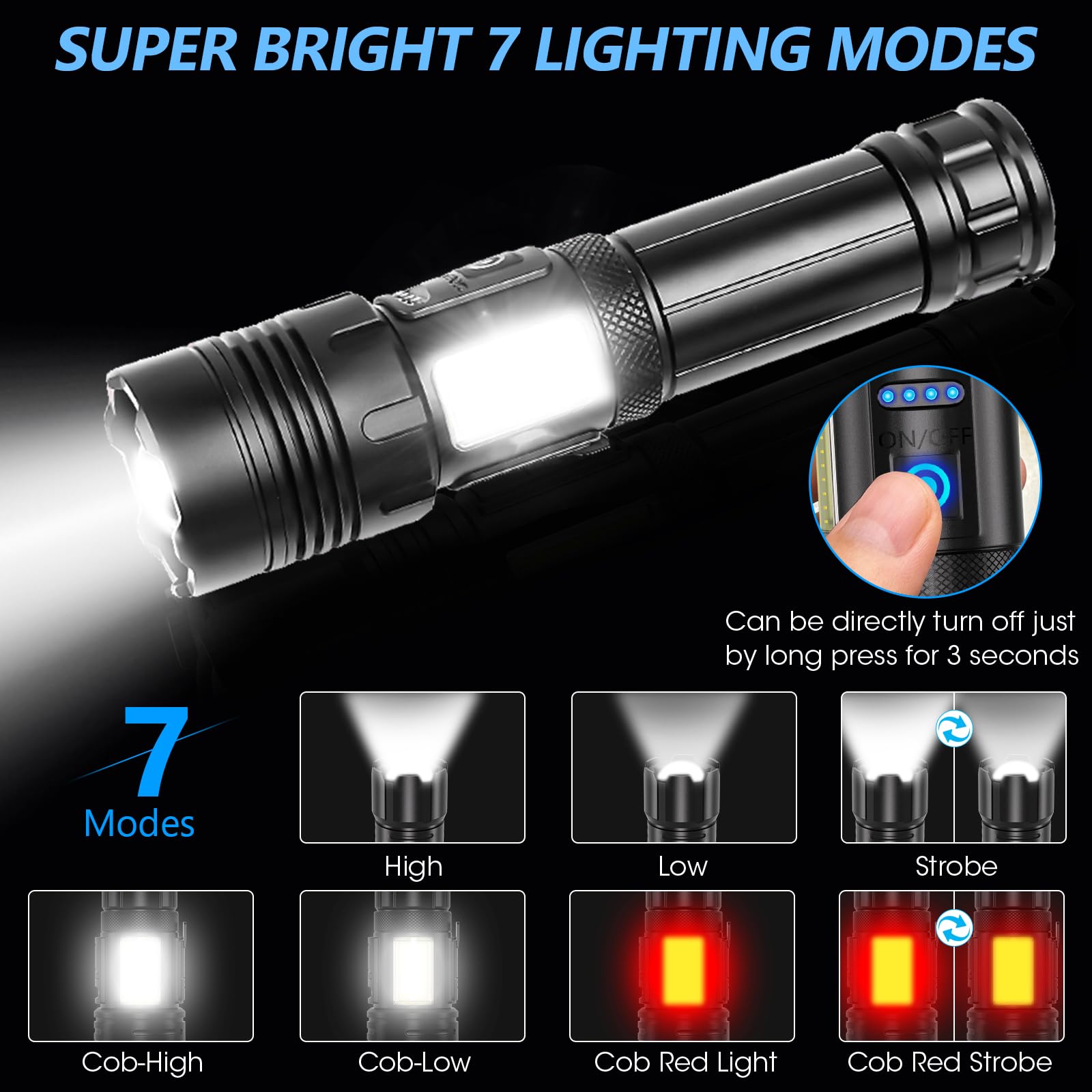 WSSBOND Rechargeable Flashlights 7 Modes High Lumens Tactical LED Flashlight, Black, Model FL1670, 2-Pack for Home Camping