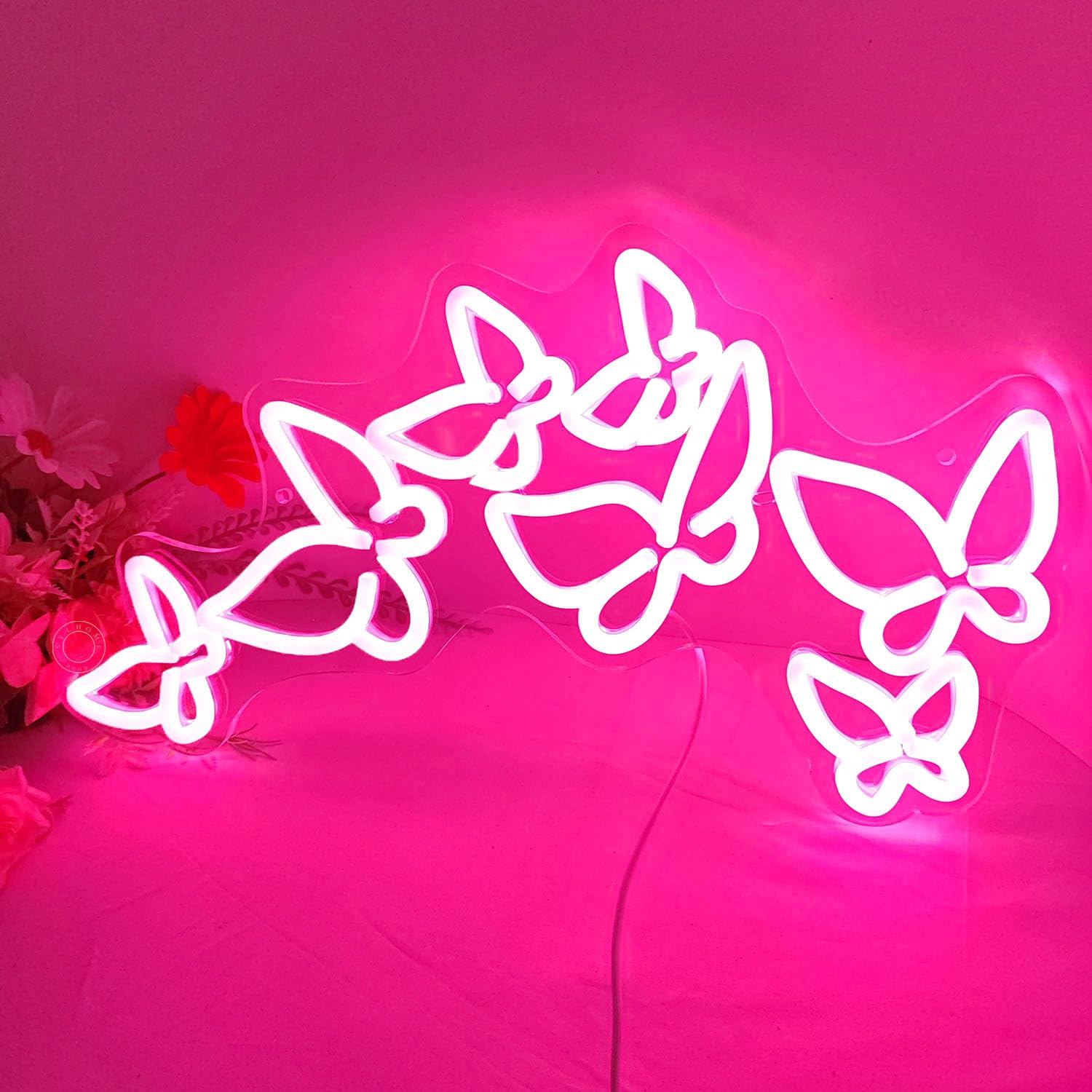 SYLHOME Pink Butterfly LED Neon Light Sign for Kids Room, Wedding & Party Decor, 16.5in x 8.9in, Acrylic