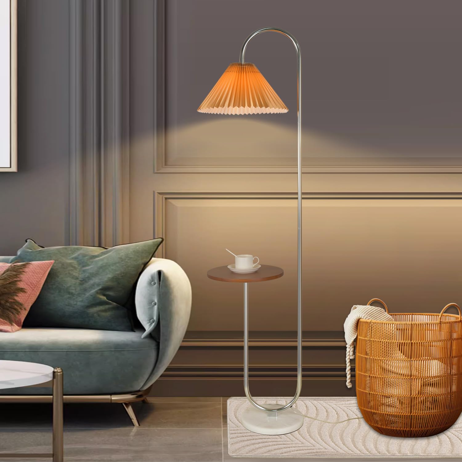 Beaysyty Modern Elegant With Tray Floor Lamp For Office Cafe Den Living Room Bedroom, Foot Switch And Chrome Finish, Orange Plea