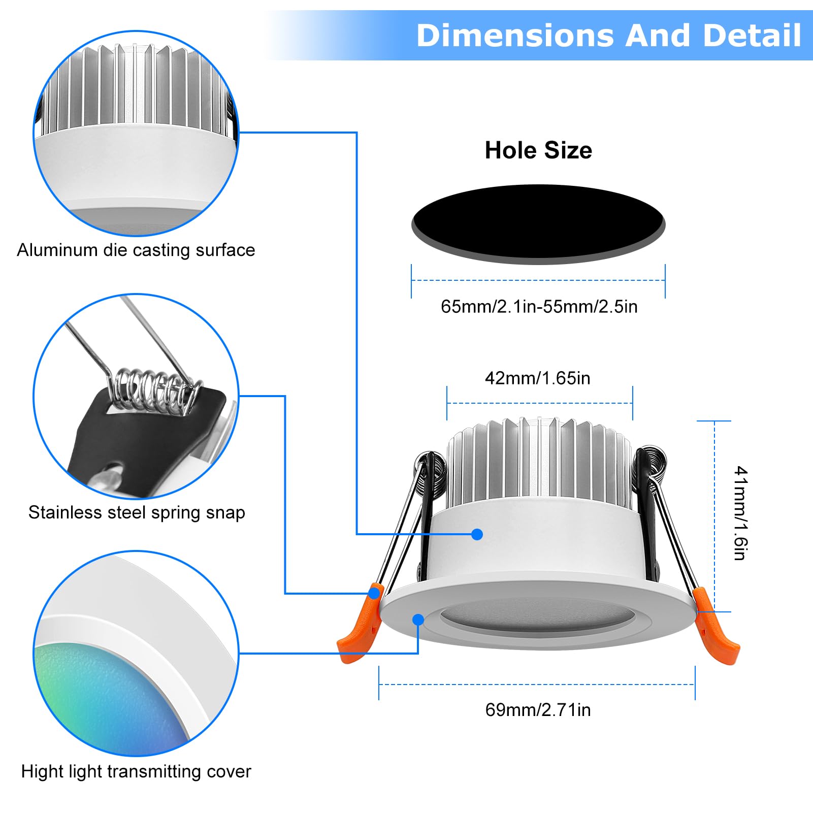 LightingWill 2 Inch Smart WiFi LED Downlight, 5W Dimmable RGB & 2700K-6500K, White Trim, 10 Pack, Aluminum
