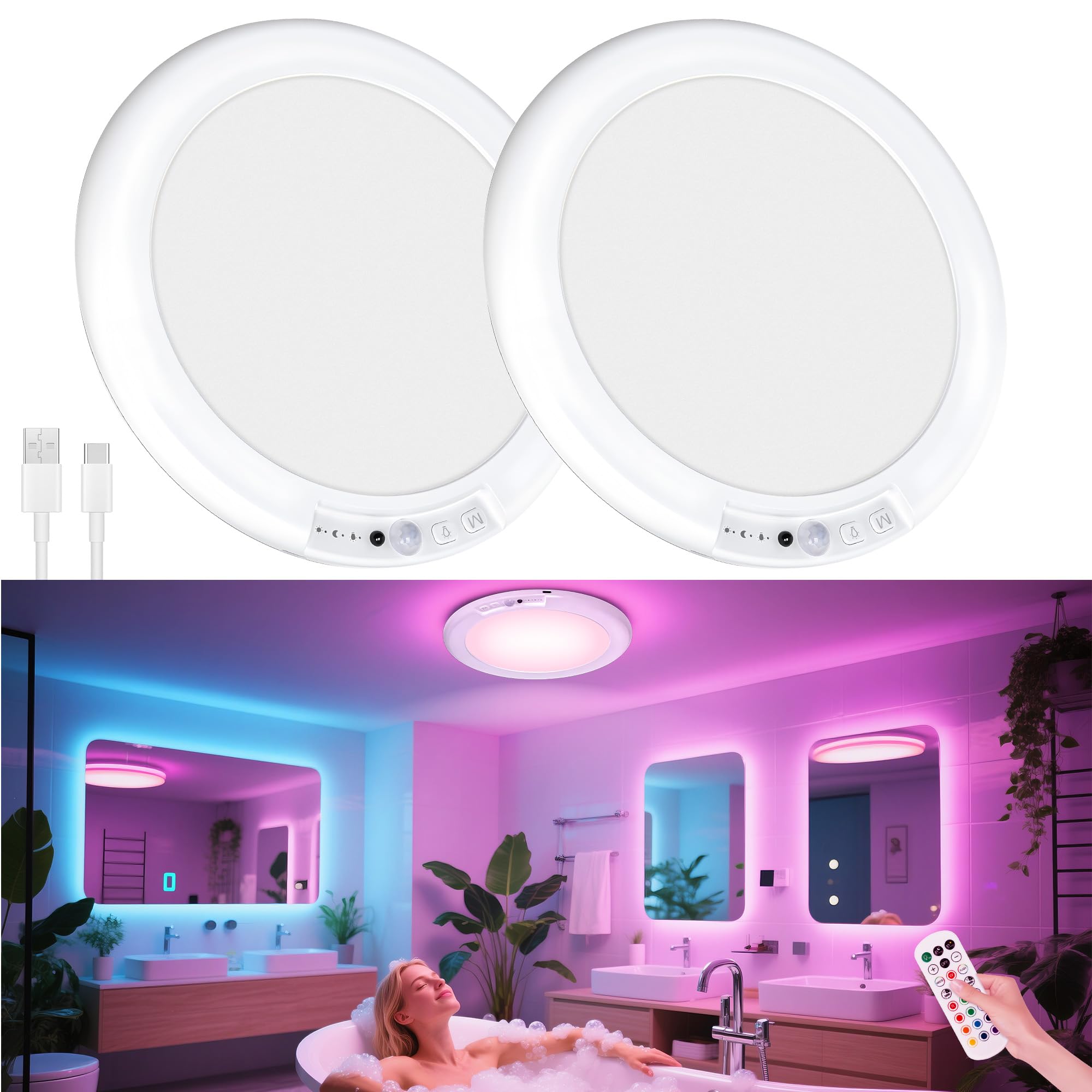 Maylit Shower Lights 2 Pack  Rgbw Rechargeable Ceiling Light  Waterproof Battery Operated Lamp  Wireless Stick On Inside Motion Sensor Mood Led Lighting For Bathroom No Wiring  Indoor