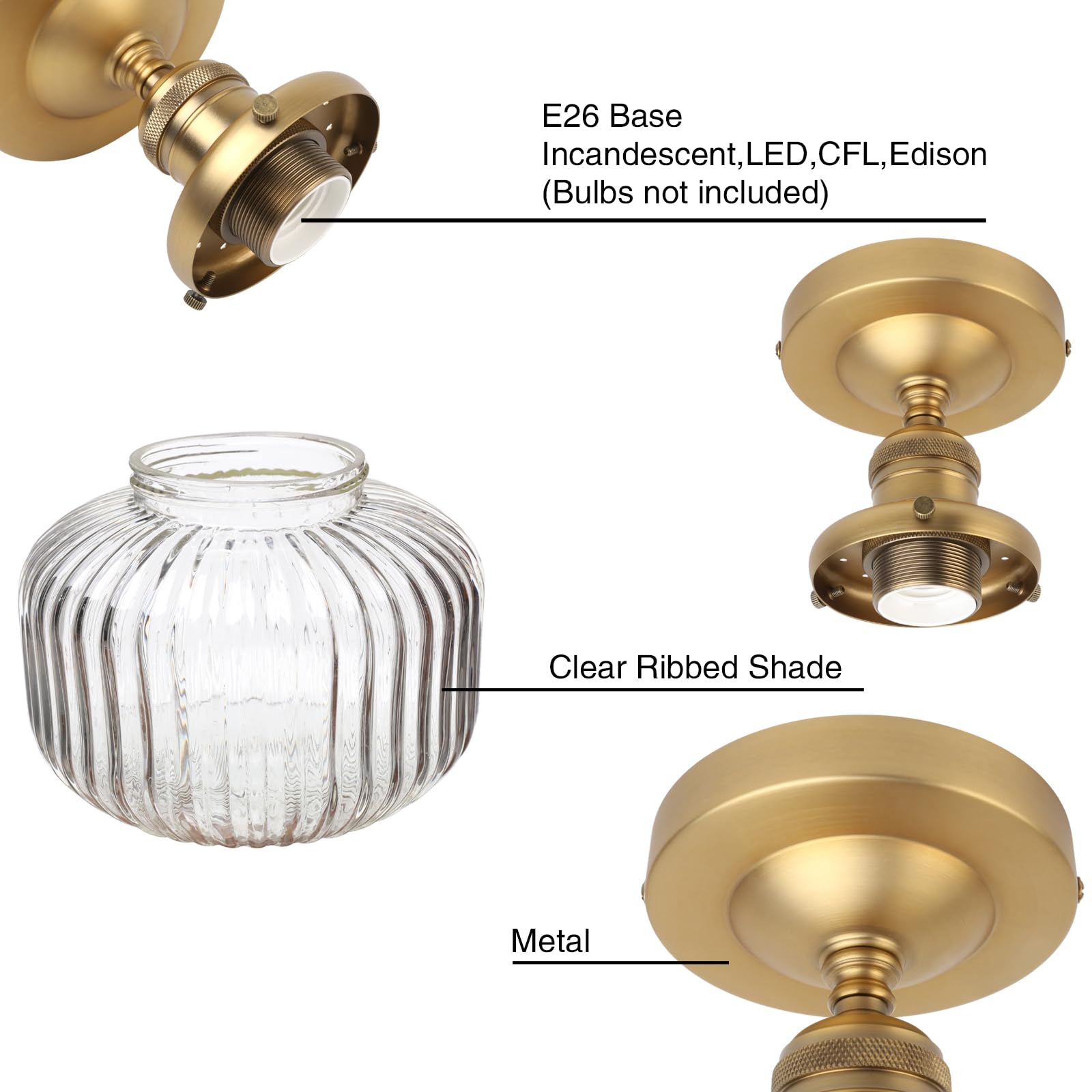 Permo Modern Small Semi Flush Mount Ceiling Light Glass Ceiling Lights Hallway Fixtures With Flate Ribbed Glass Lampshade, 1-Lig