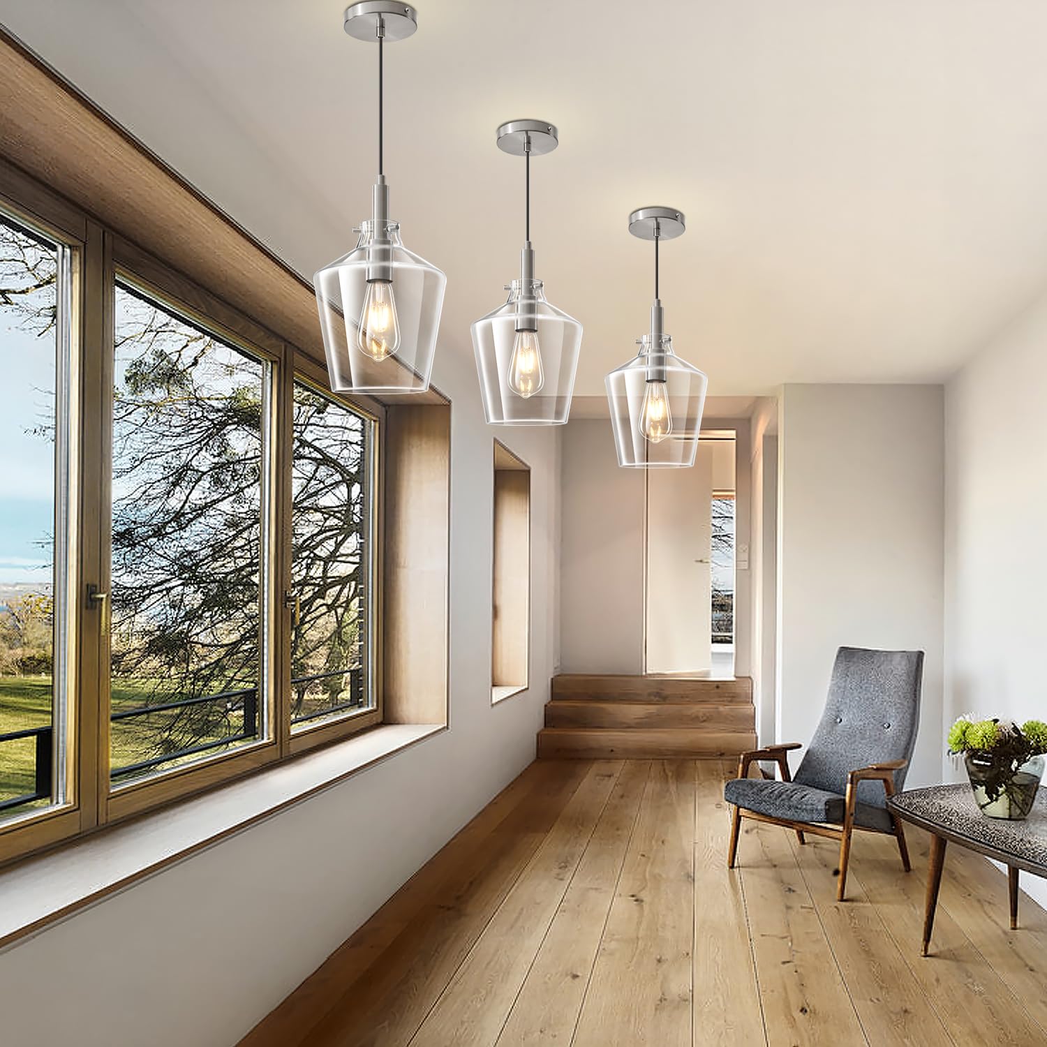 Vaziden Modern Glass Pendant Lighting For Kitchen Island  Farmhouse Nickel Pendant Light Fixtures 1 Pack  Adjustable Hanging Ceiling Light Angled Clear Glass Shades 8 Inch