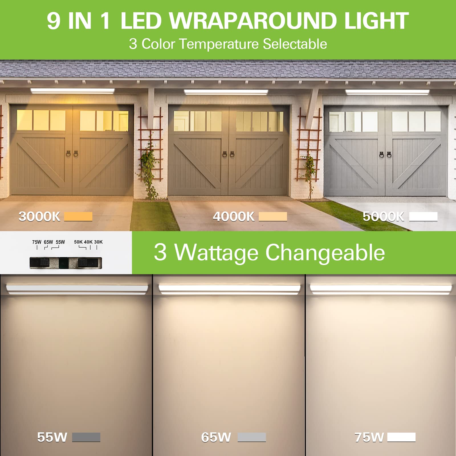 hykolity LED Wraparound Light 4FT, 3 Wattages, 3 CCT, Metal, Model WR-4FT567WCCT-4, 4 Pack, 300