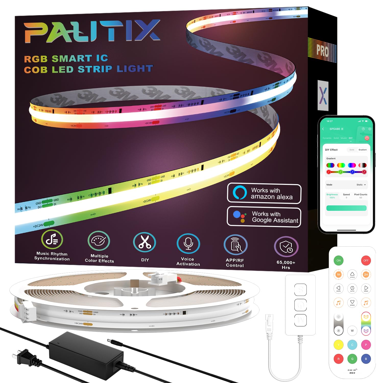 PAUTIX RGB Smart IC COB LED Strip Lights,Work with Alexa/Google Assistant,24ft/7.5m,720LEDs/m Addressable UL-Listed 24V Chasing 