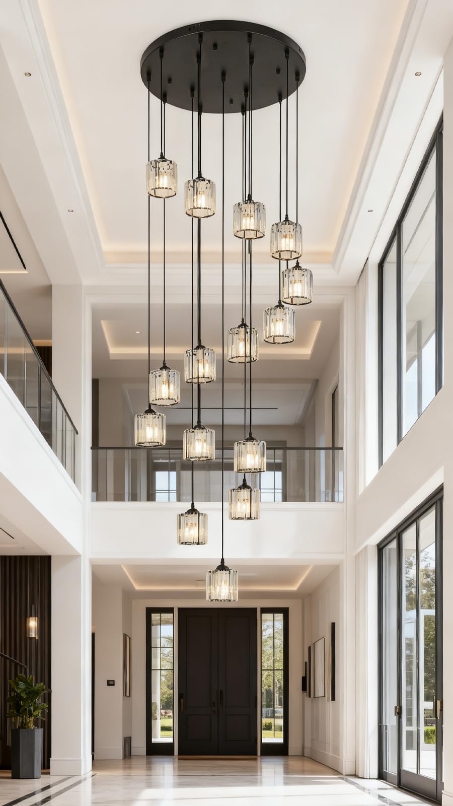 Meimond Modern Crystal Pendant Light, 15 Lights, Black Metal, Raindrop Design for High Ceilings, Foyer, Living Room, Model LTD-10