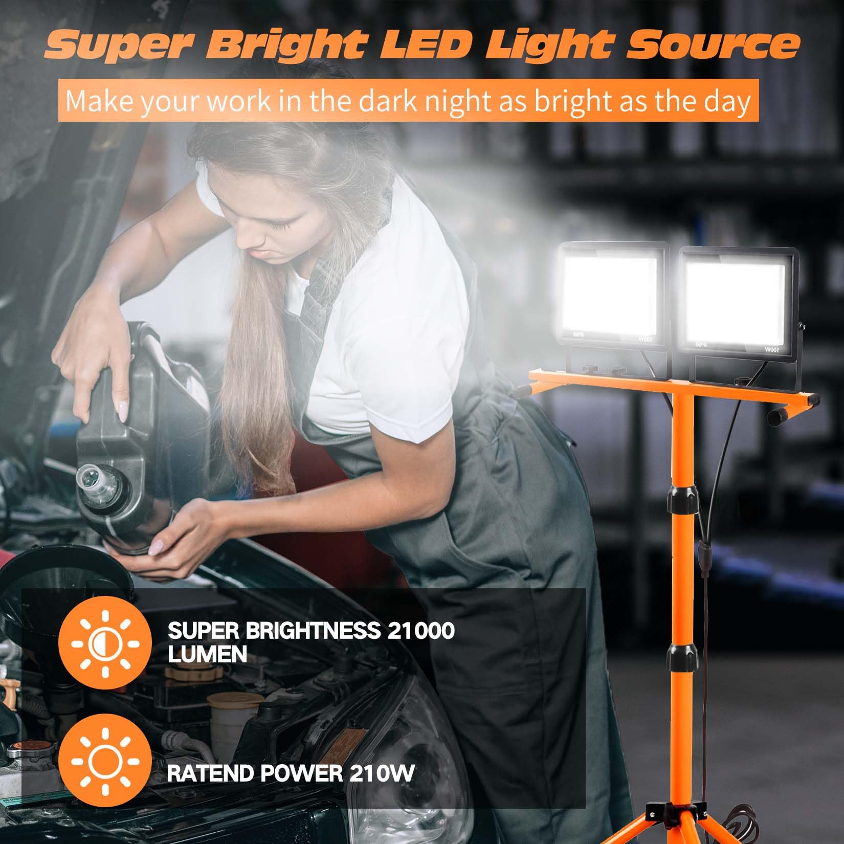 Scilulu 21000 Lumen Work Lights With Stand, 3 Adjustable Head Led Work Light, With Adjustable And Foldable Tripod Stand, Waterpr