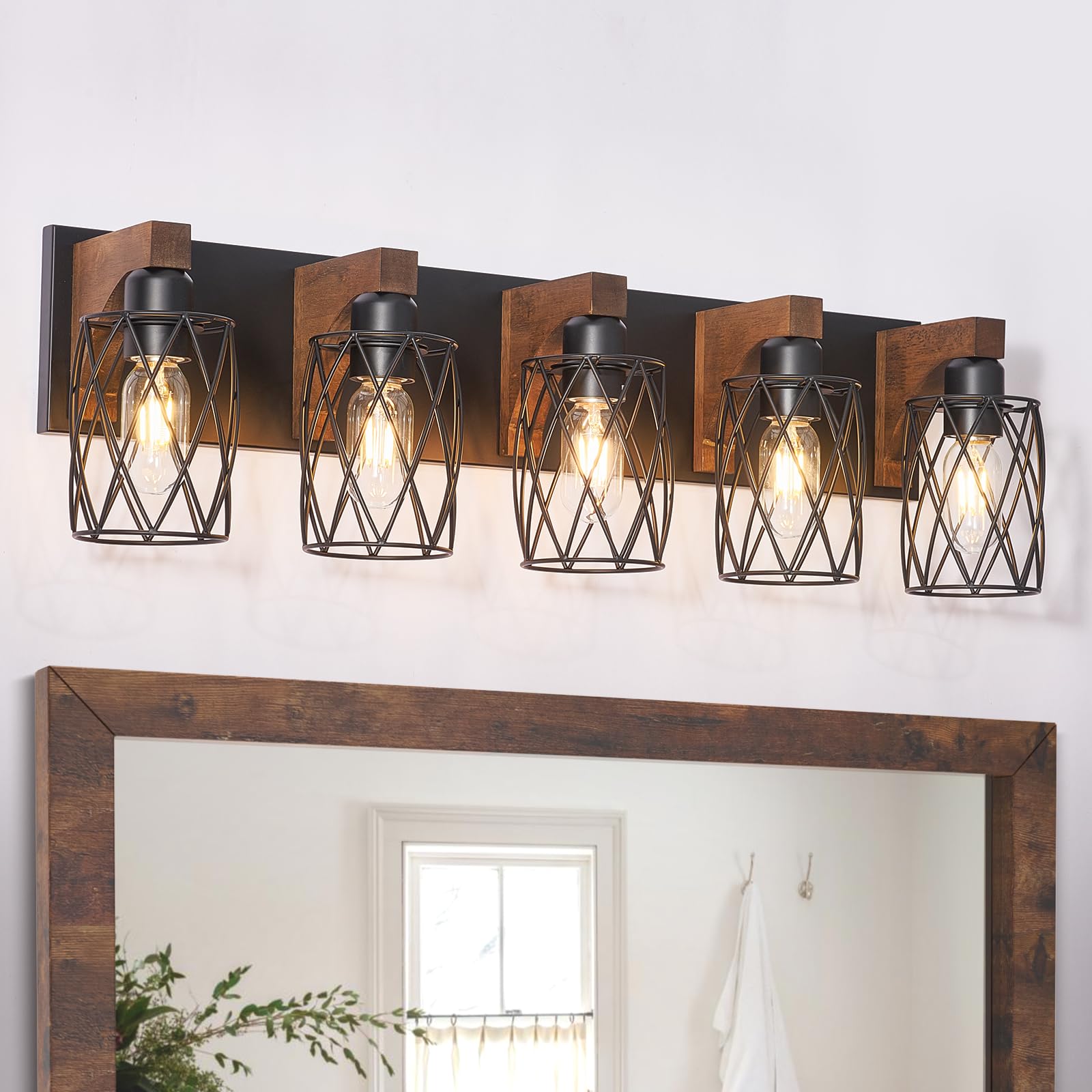 RVONOW 5-Light Bathroom Vanity Light, Black Metal Cage Shade, Rustic Wood Fixture, Model B219-074-05-BK
