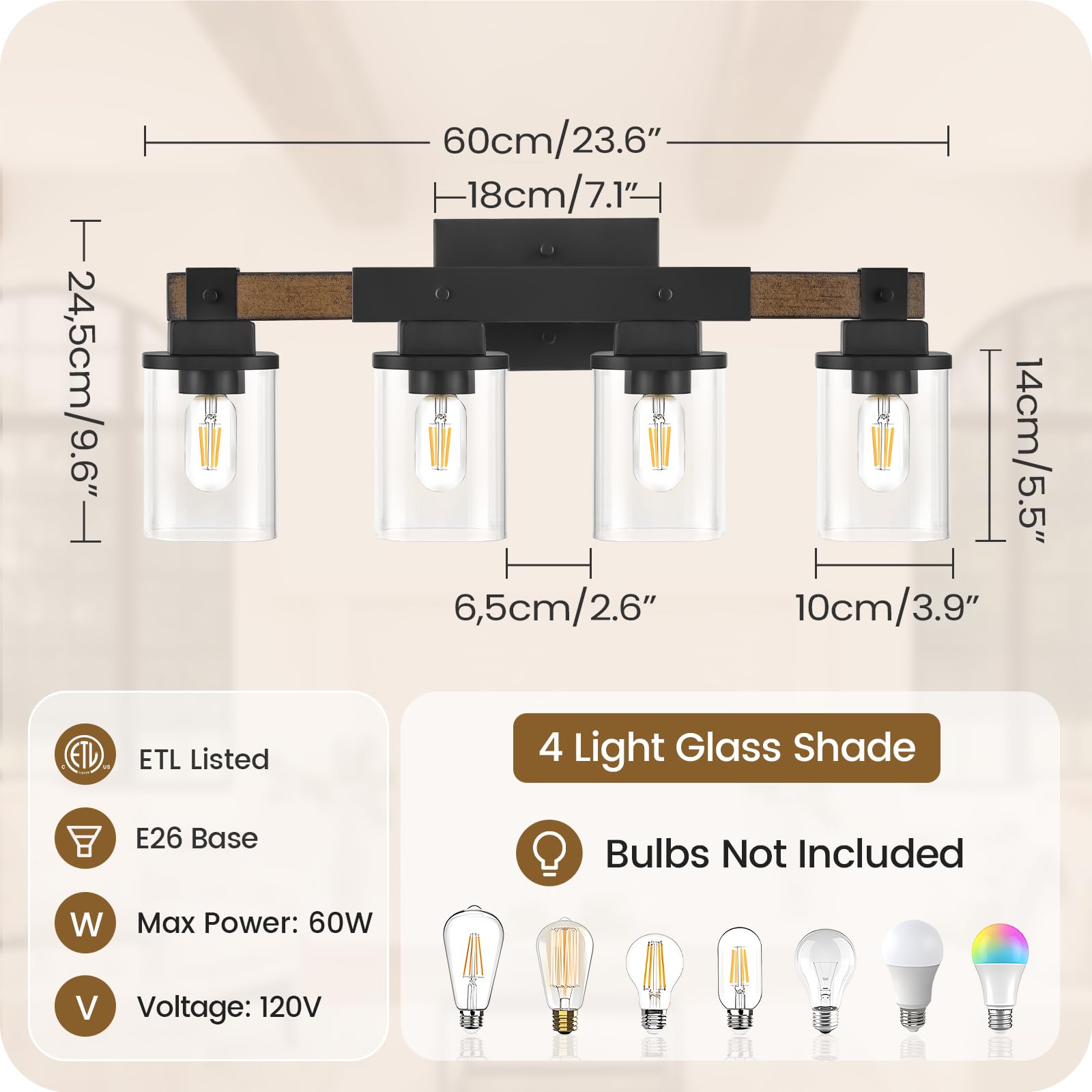 GOEBLESON 4-Light Bathroom Light Fixtures, Rustic Brown & Black Metal Vanity Lights, ETL Listed FS09BD05