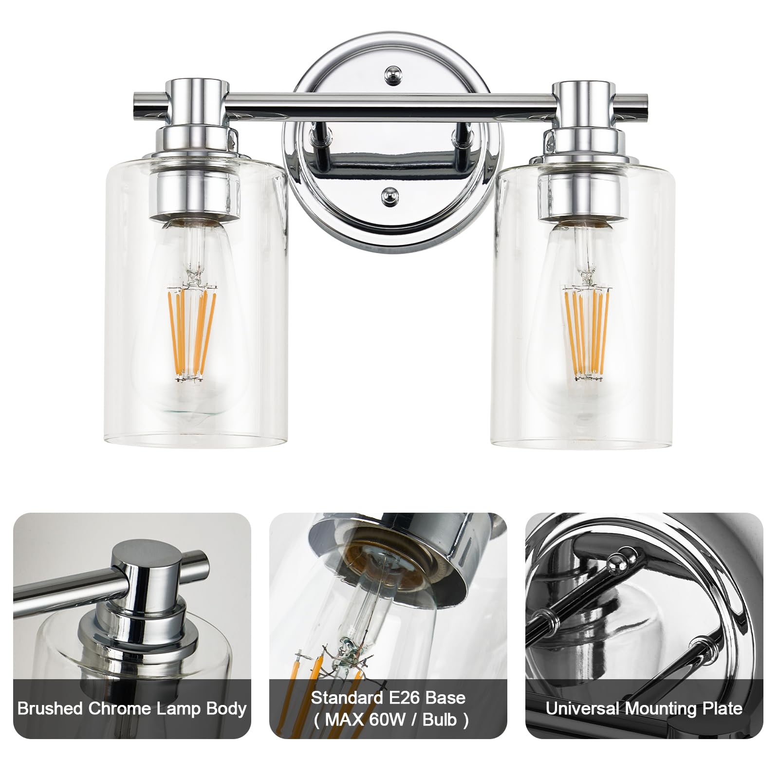 Alaislyc Chrome Bathroom Light Fixtures - 2-Light Wall Sconce With Clear Glass For Vanity, Living Room