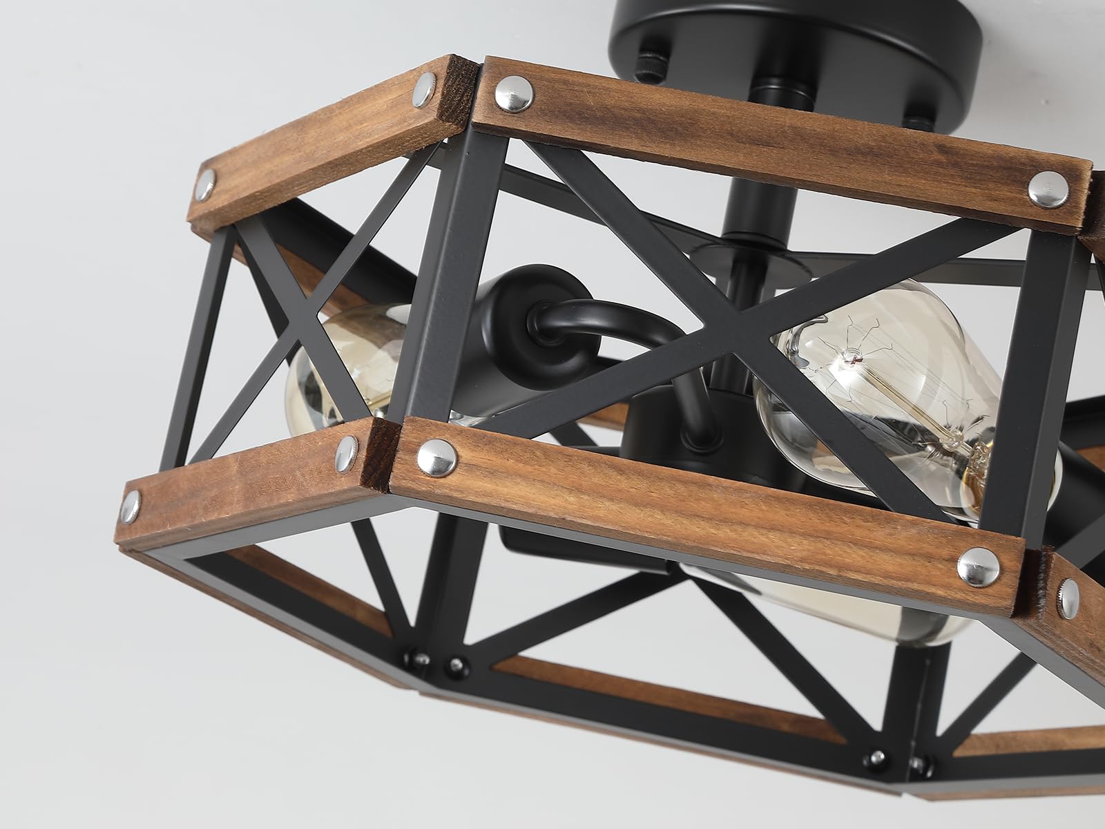 3-Light Rustic Farmhouse Wood Flush Mount Ceiling Light Fixture 14.5 Inch Oak Wood And Metal Hexagon Cage Semi Flush Mount Ceili