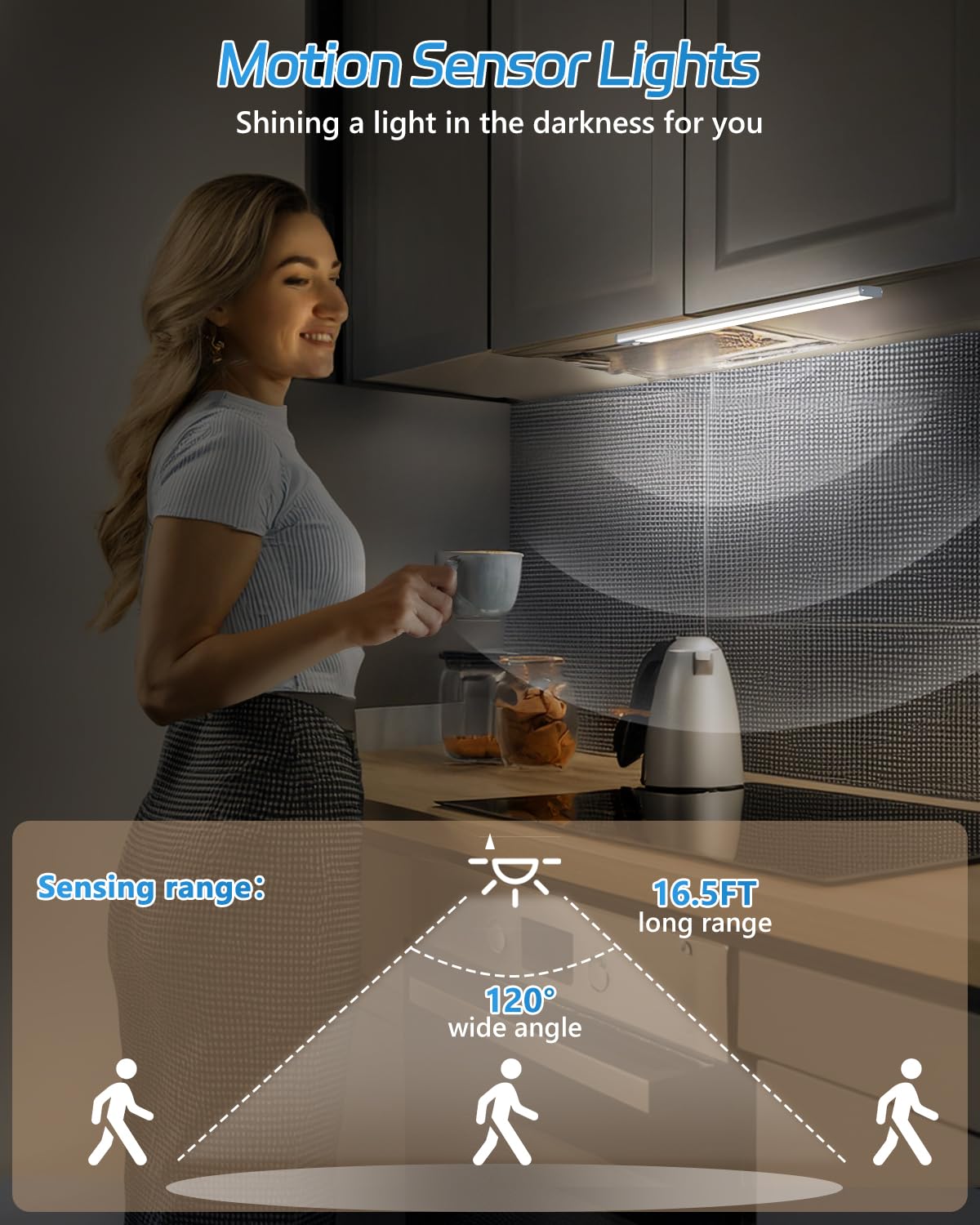 Hiboitec Led Motion Sensor Cabinet Light, 54 Leds, Rechargeable, Wireless, 2 Packs, White